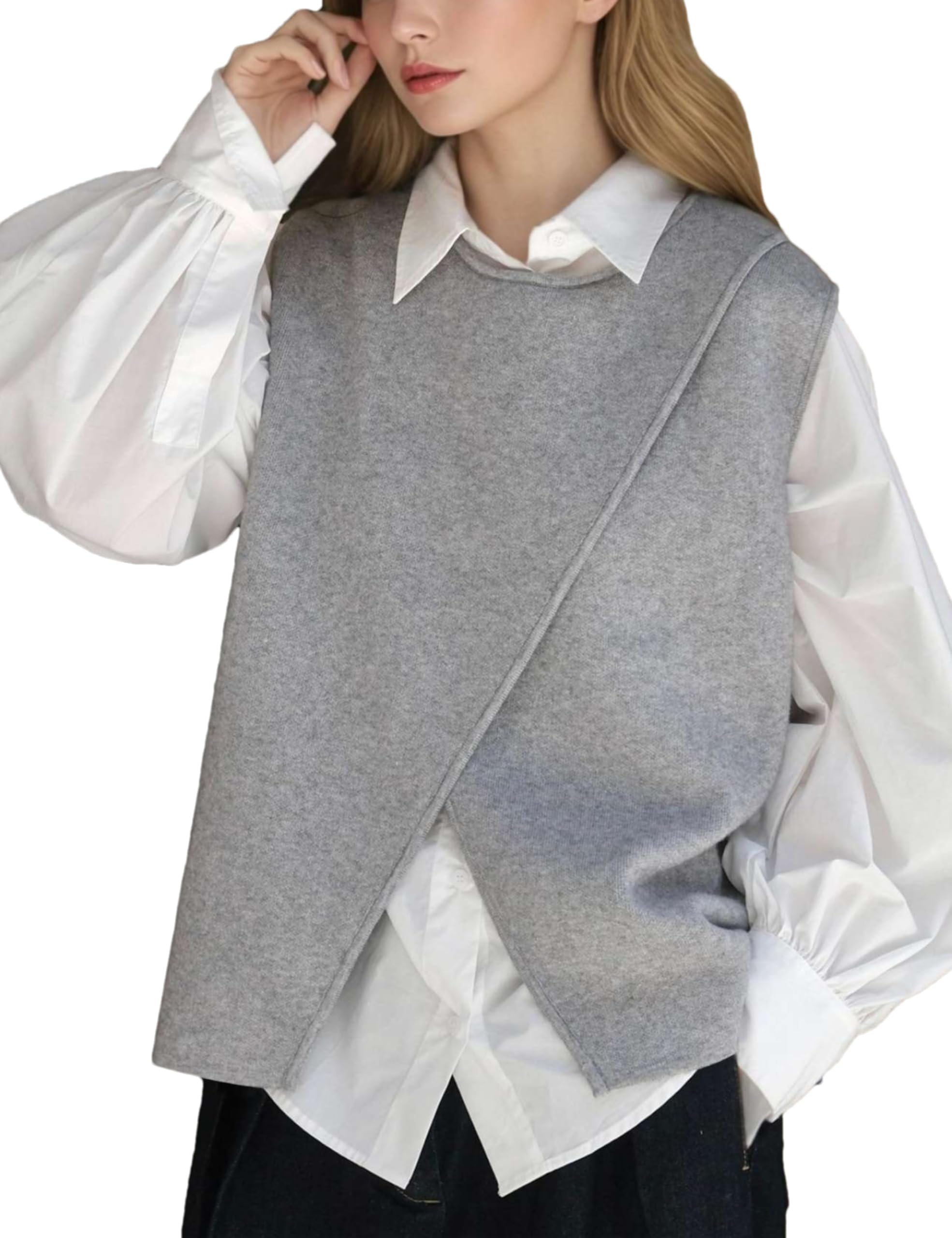 HangNiFang Womens Front Split Sweater Vest Sleeveless Knitted Pullover Tops Fall Outfits