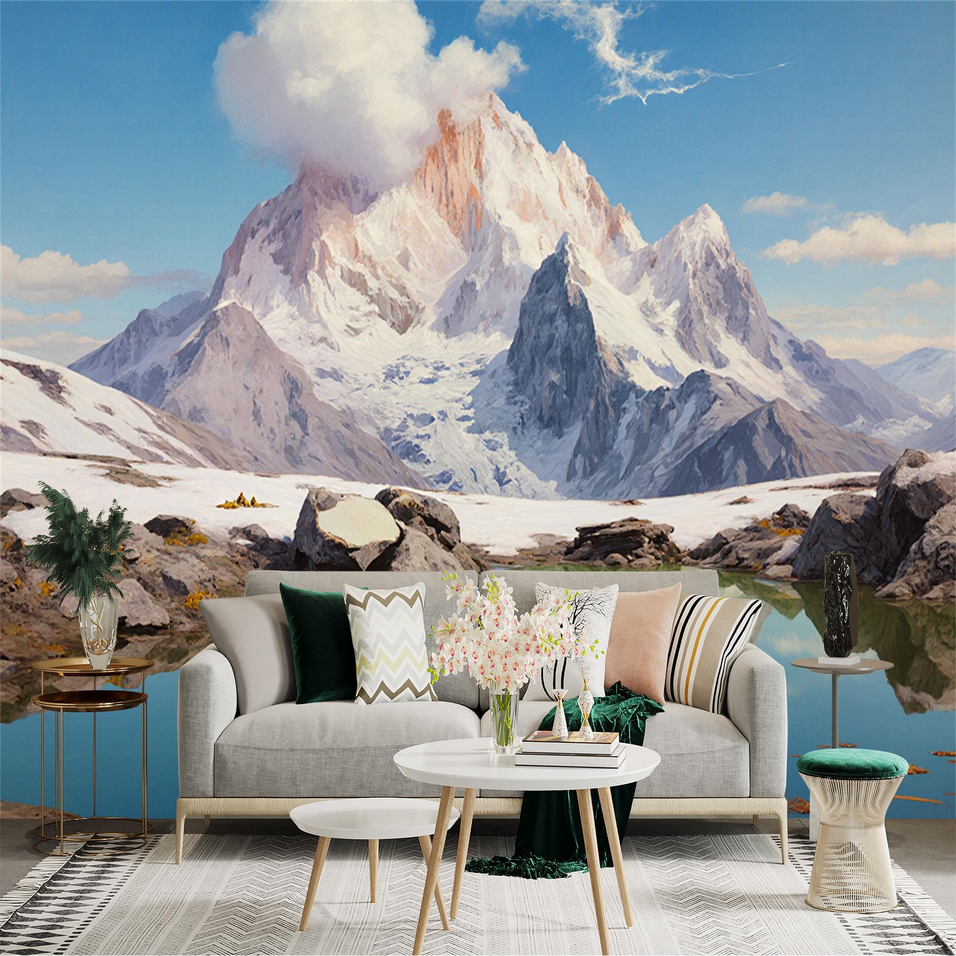 Lnzczhyre Xc260505281 Custom Size Wall Sticker Mural， Majestic Snowy Mountain Peak， Reflection In Alpine Lake， Serene Winter Landscape， For Wall Decoration， Peelandstick Wall Decals.