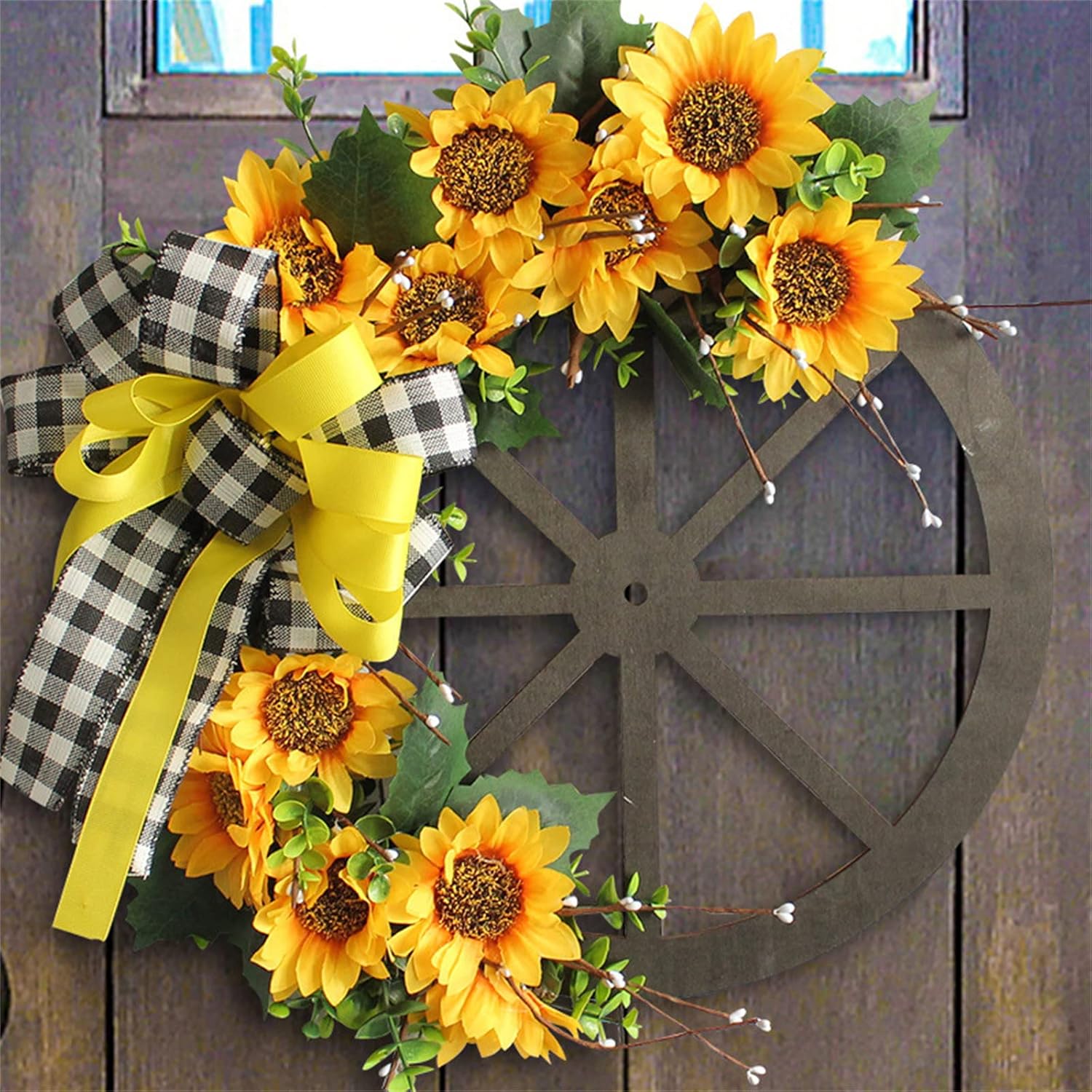 Sunflower Wreath Wagon Wheel Wreath 16 Inch Artificial Flower Summer Wreath with Double Handmade Bow Holiday Wall Home Porch Farmhouse Decor Outdoor Father's Day & Mother's Day Decorations