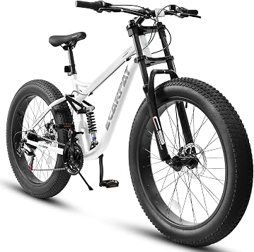 26 Inch Full-Suspension Mountain Bike, 21-Speed Shimano Drivetrain, 4" Fat Tires, Steel Frame & Dual Disc Brakes Mens MTB for Off-Road & Trail Riding