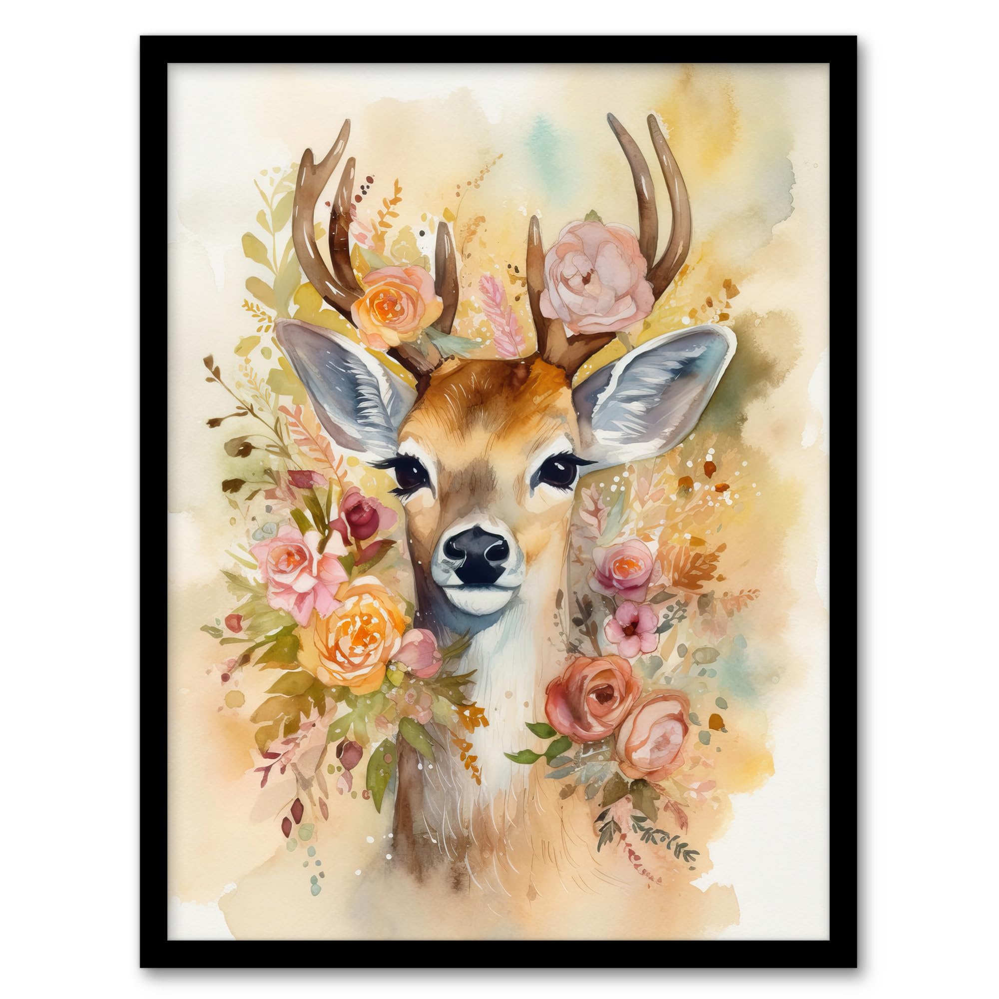 Artery8 The Deer In My Roses Watercolour Stag Buck Soft Serene Calm Artwork Framed Wall Art Print 18X24 Inch