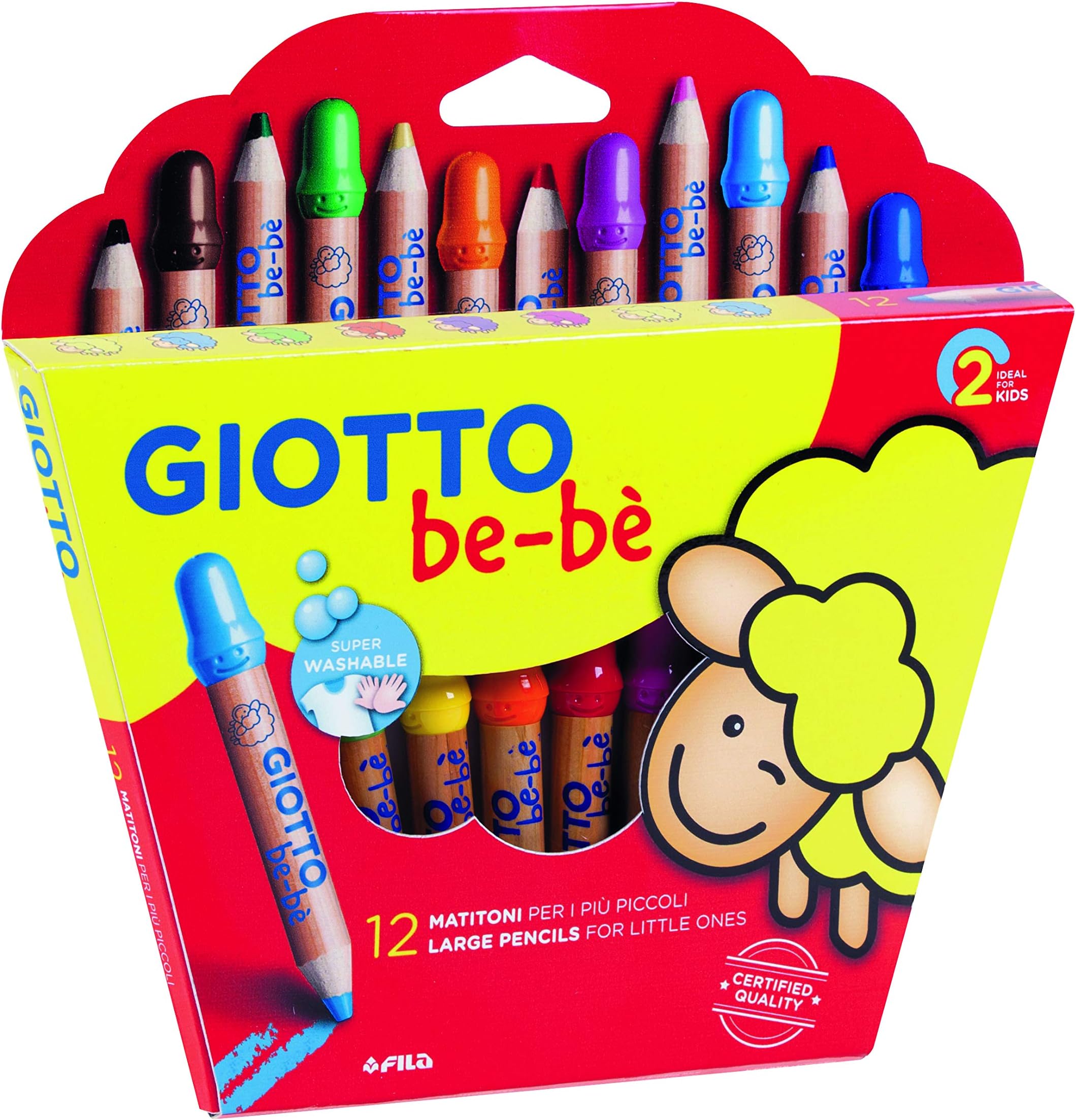 GIOTTO be-bèLarge Colouring Pencils Set, 12 Assorted Colours, Super Washable, Suitable for Ages 2+, Ideal for Children