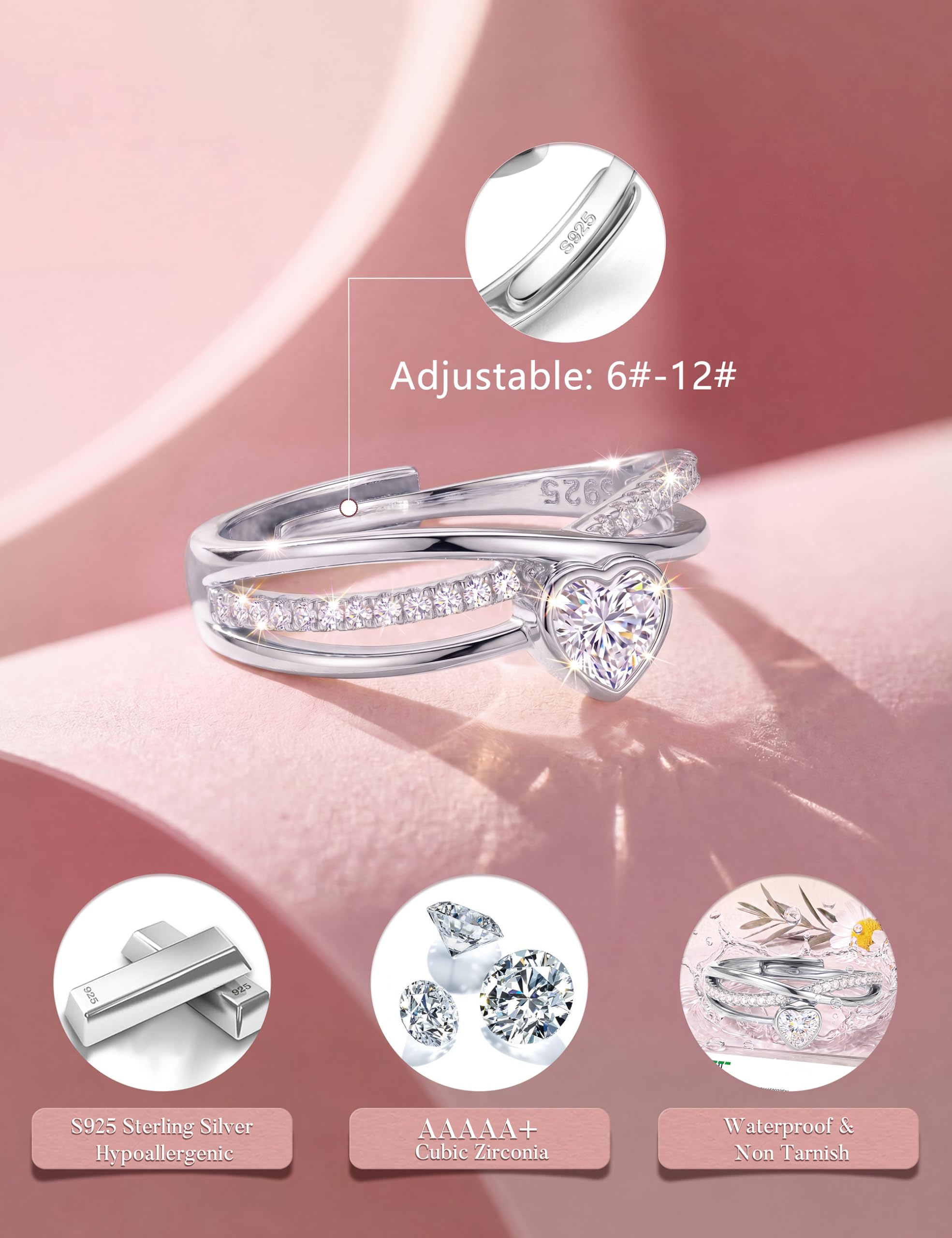 JeweBella Anillos Mujer Plata de Ley 925 Ajustable Corazón Estrella Circonita Cúbica Compromiso Boda Promesa Aniversario Regalo Plata Oro Rosa