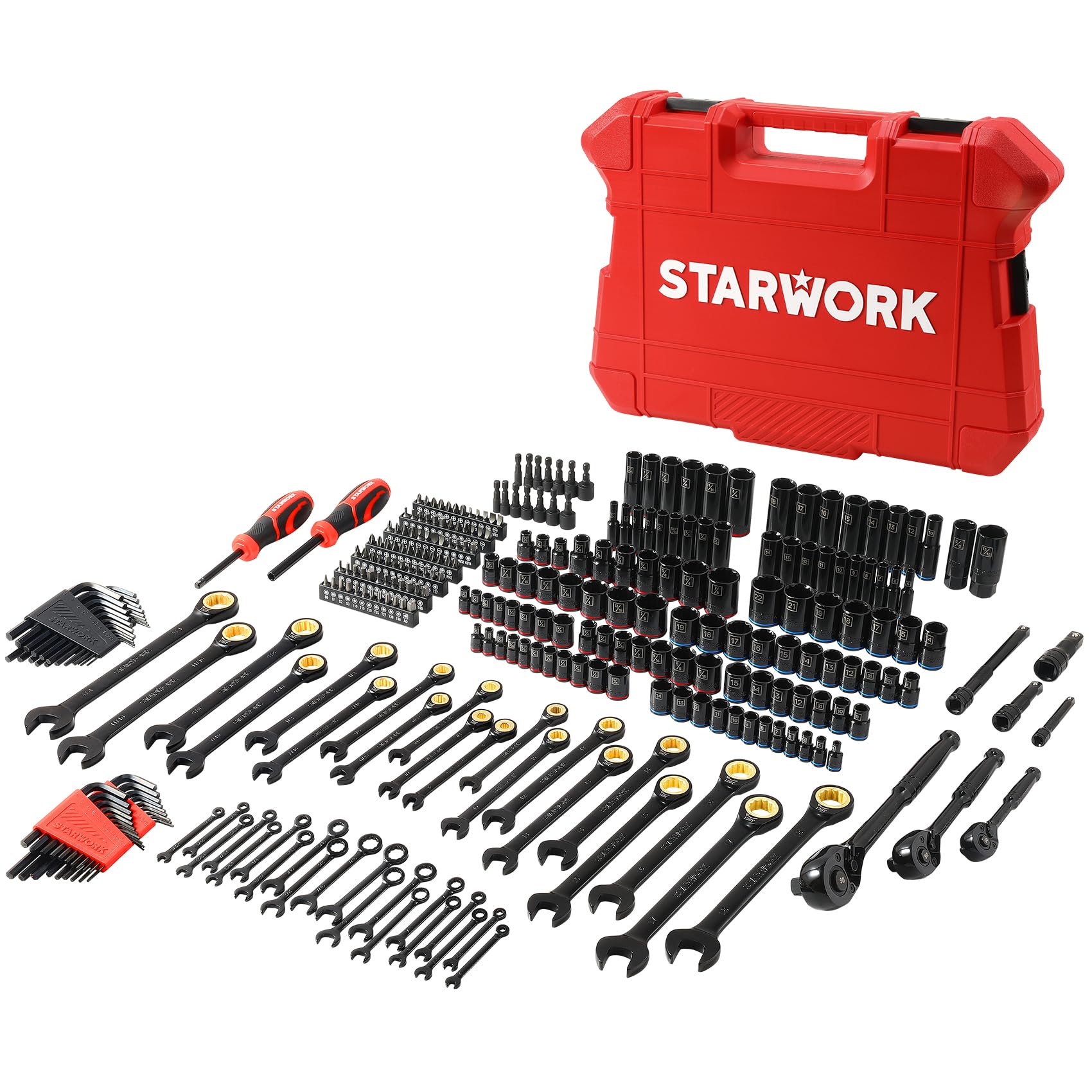 STARWORK TRUE MECHANIC 303-częściowy zestaw narzędzi mechanicznych, z kluczem zapadkowym 120T, profesjonalny, SAE/metryczny