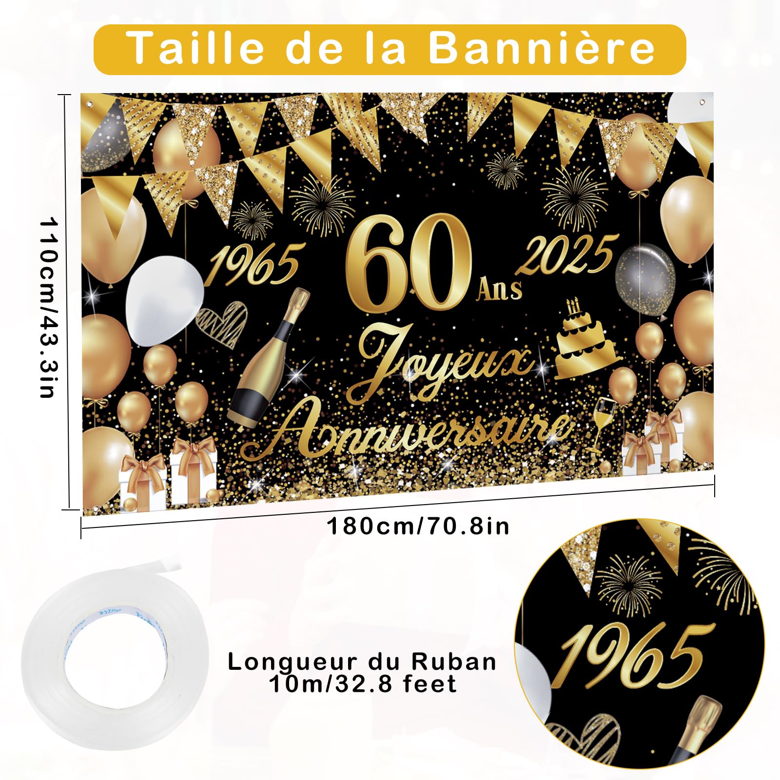 Seutgjie Banner Happy Birthday 60e verjaardag 1964-2024, decoratie 60 jaar achtergrond mannen/vrouwen, banner voor feest, zwart goud, 180 x 110 cm