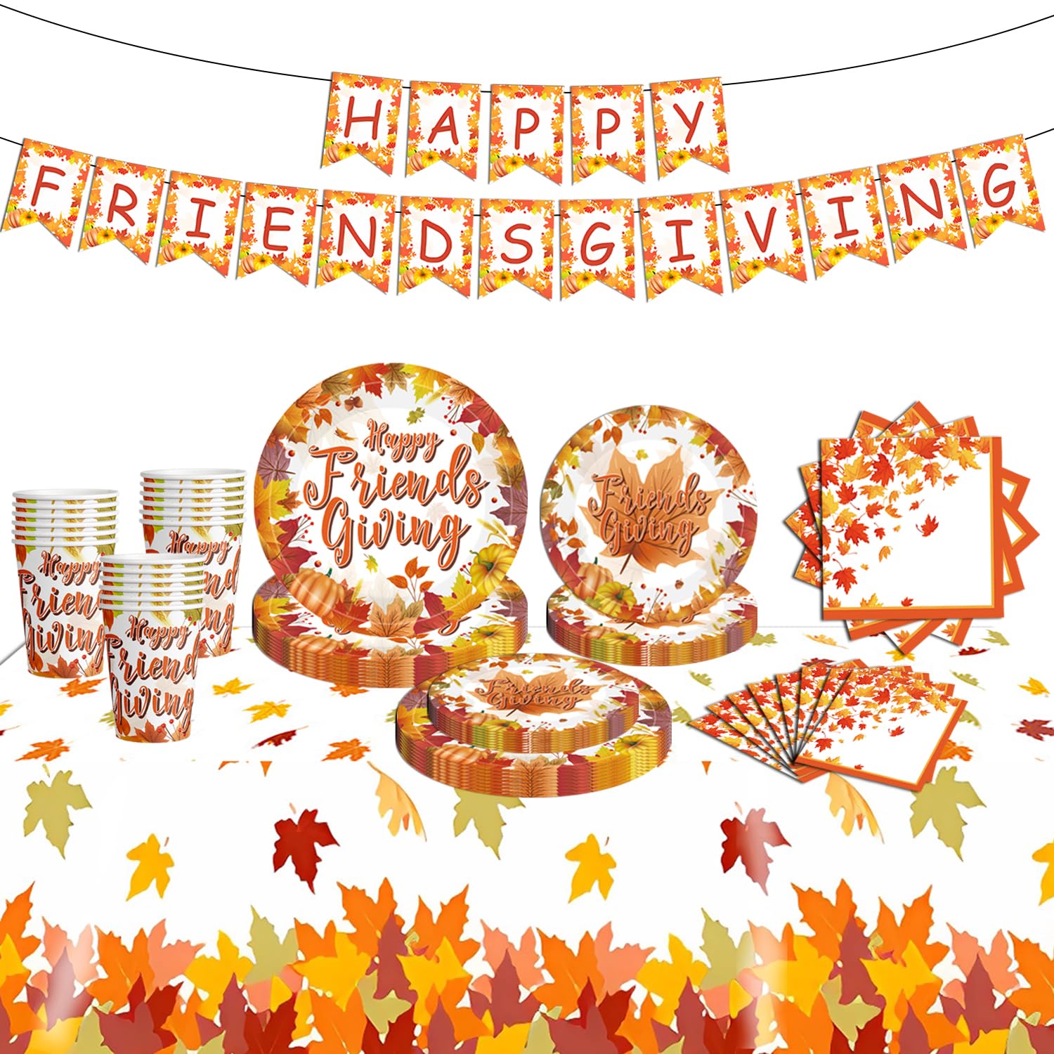 Friendsgiving Party Supplies,Happy Friendsgiving Decorations Includes Banner Tablecloth Cups Plates Napkins for Friendsgiving Thanksgiving Fall Party Decorations.