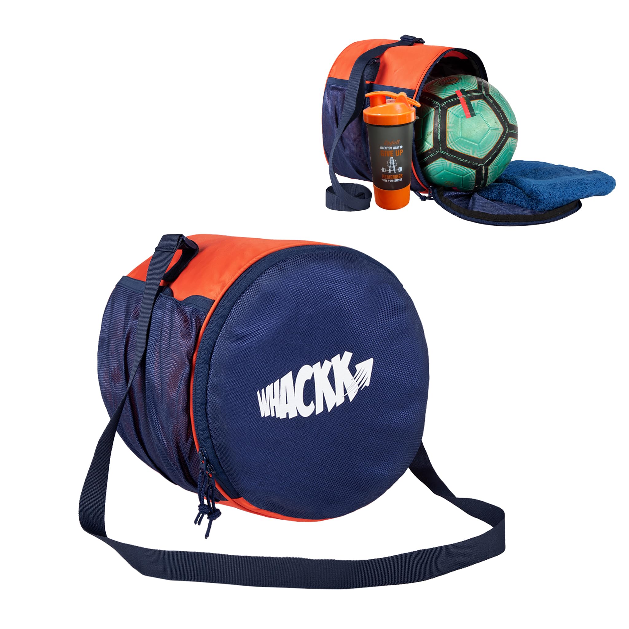 Whackk Kick Soccer Football |Football Equipment Bags|Basketball Volleyball Bags |Adjustable Strap |Easy Access Pocket |2 Mesh Bottle Holders |Netball Bag |Kitbag |Unisex Bag (Navy Orange,15L)