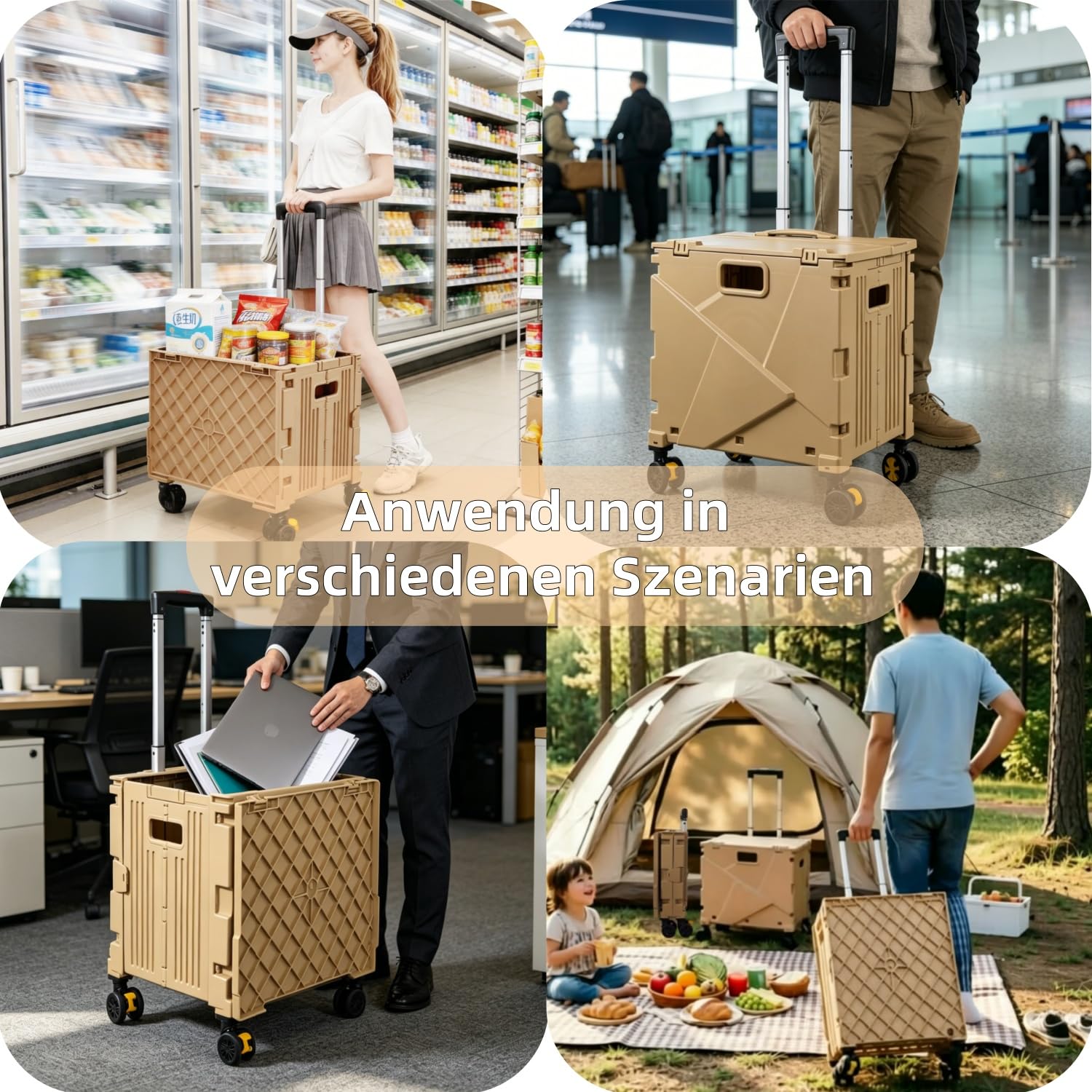 Einkaufstrolley, Klapptrolley mit Rollen & Teleskopgriff, bis 80 kg, 63 L Kiste,Faltbare Einkaufshilfe, Rolltrolley,Einkaufskorb mit Deckel, Braun,für den Wocheneinkauf, zum Camping