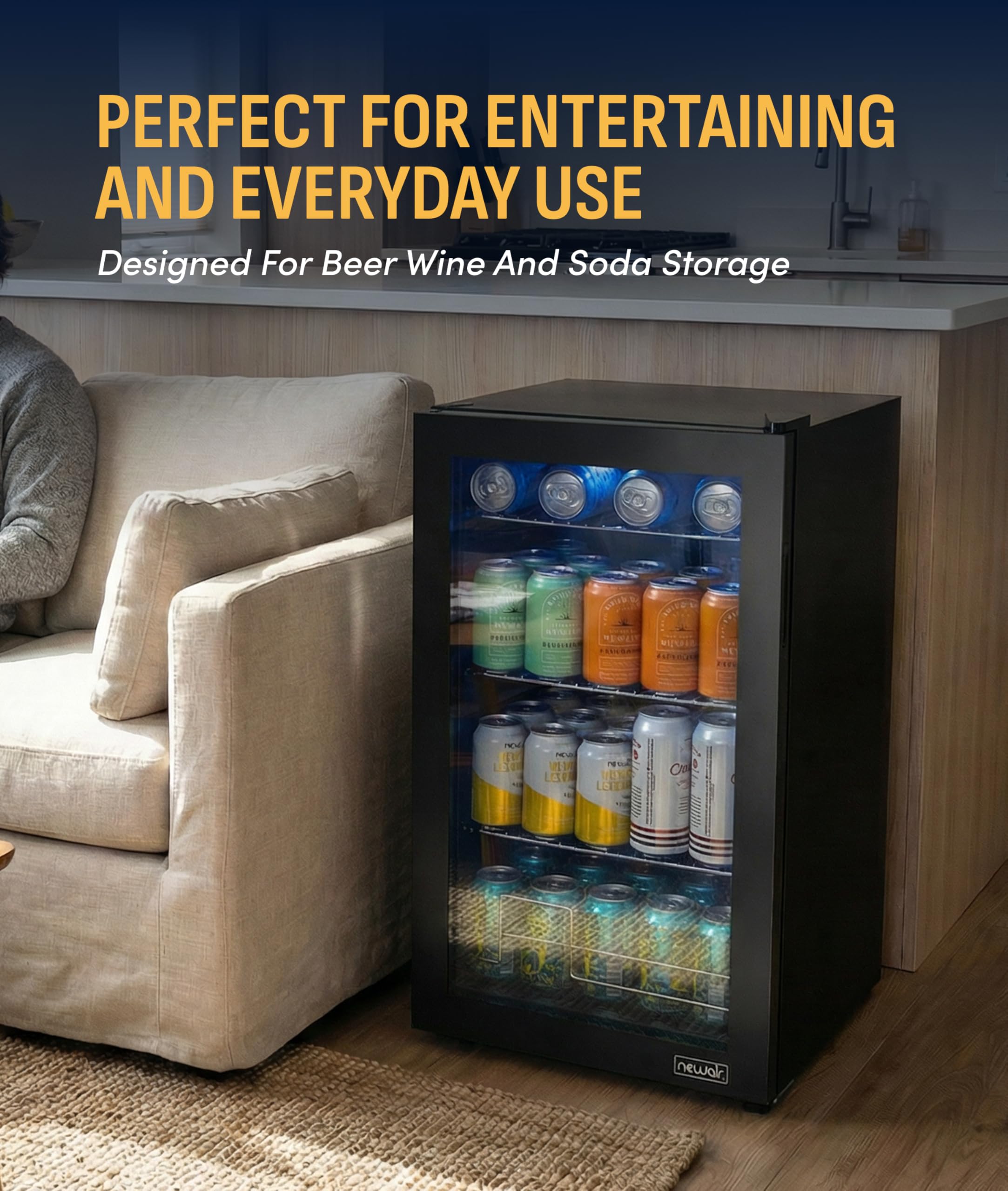 NewAir Beverage Refrigerator 100 Cans Cooler, Free Standing Black Fridge with Reversible Glass Door, Mini Fridge Beverage Organizer For Beer, Wine, Soda, and Drinks on Fridge.com