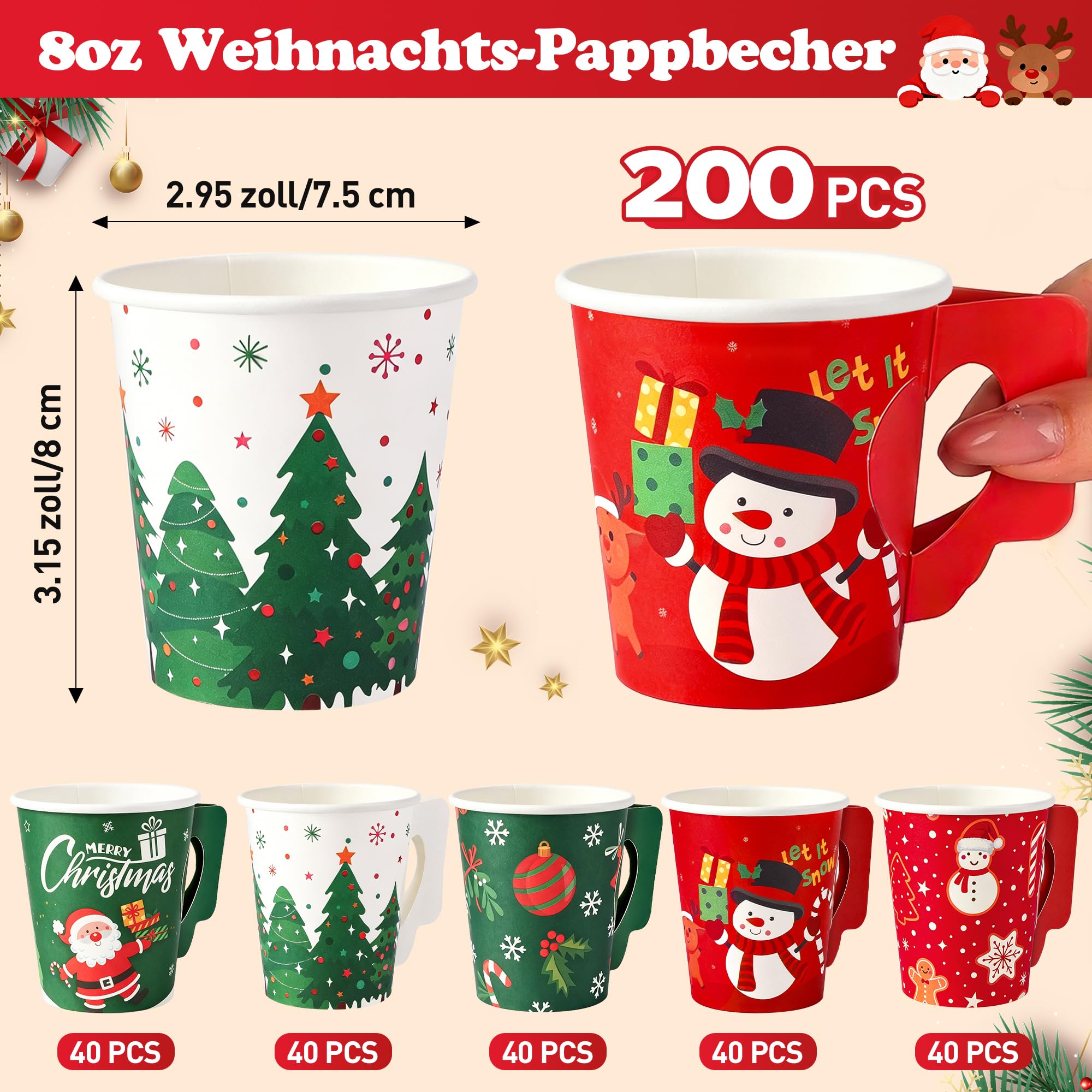 Aodaer 200 Stück 8oz Weihnachts-Pappbecher mit Henkel
