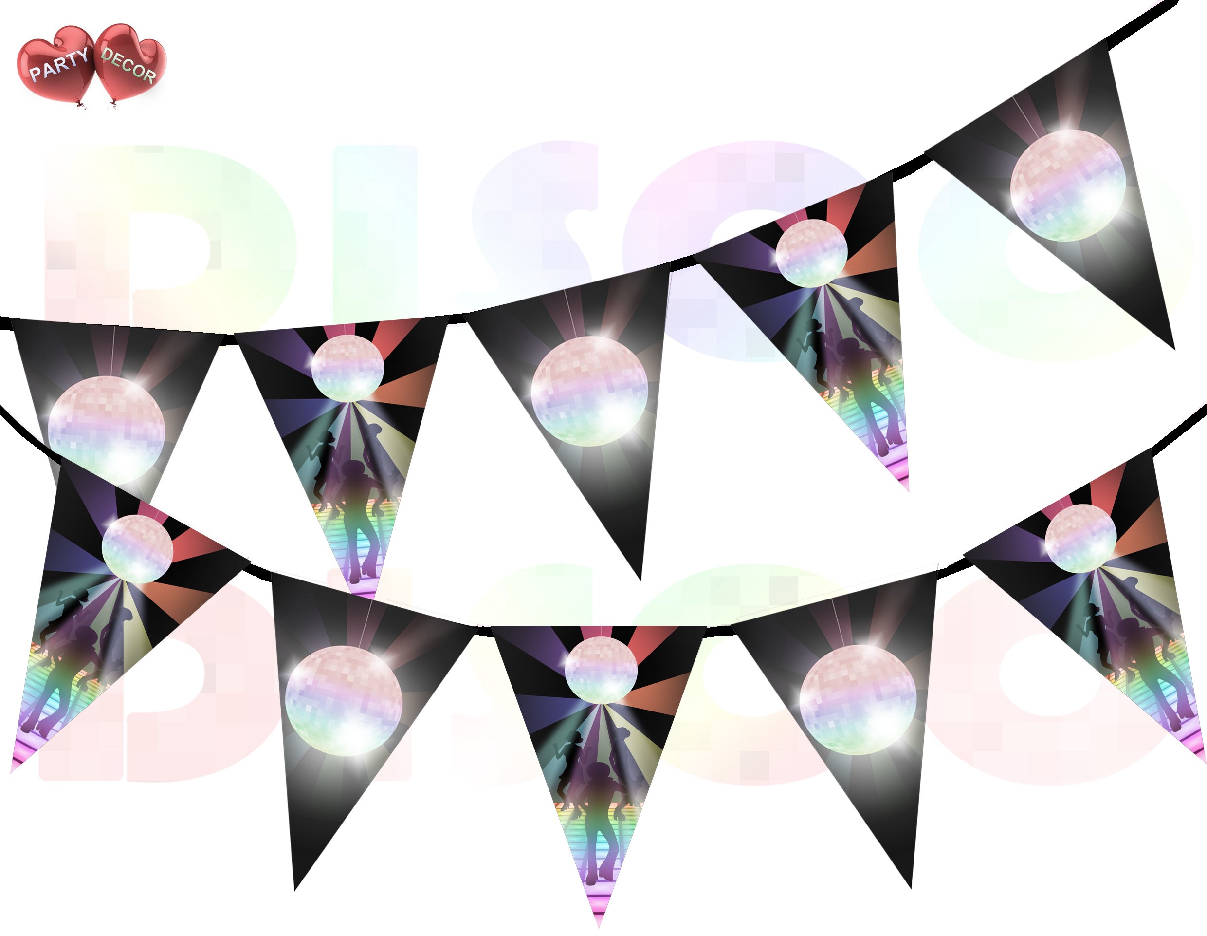 Dance Floor Disco Ball Rainbow Flash on Black background I Love 70's 80's 90's Theme Bunting Banner 15 Flags For Guaranteed Stylish Amazing party decoration by PARTY DECOR