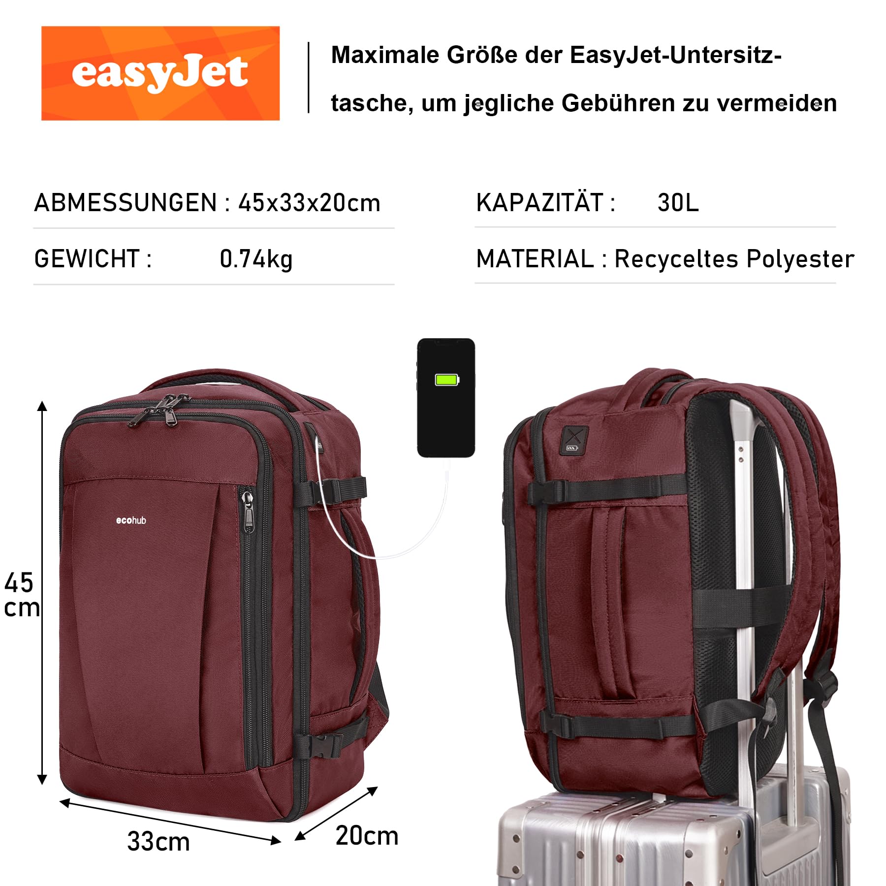 ECOHUB 30L Zaino Bagaglio a Mano, Zaino Easyjet 45x36x20, Sottosedil Zaino da Viaggio Aereo con 13 Tasche, PET Riciclato Grande Borsa da Cabina da Cabina per Uomo Donna, Brevettato(Rosso)