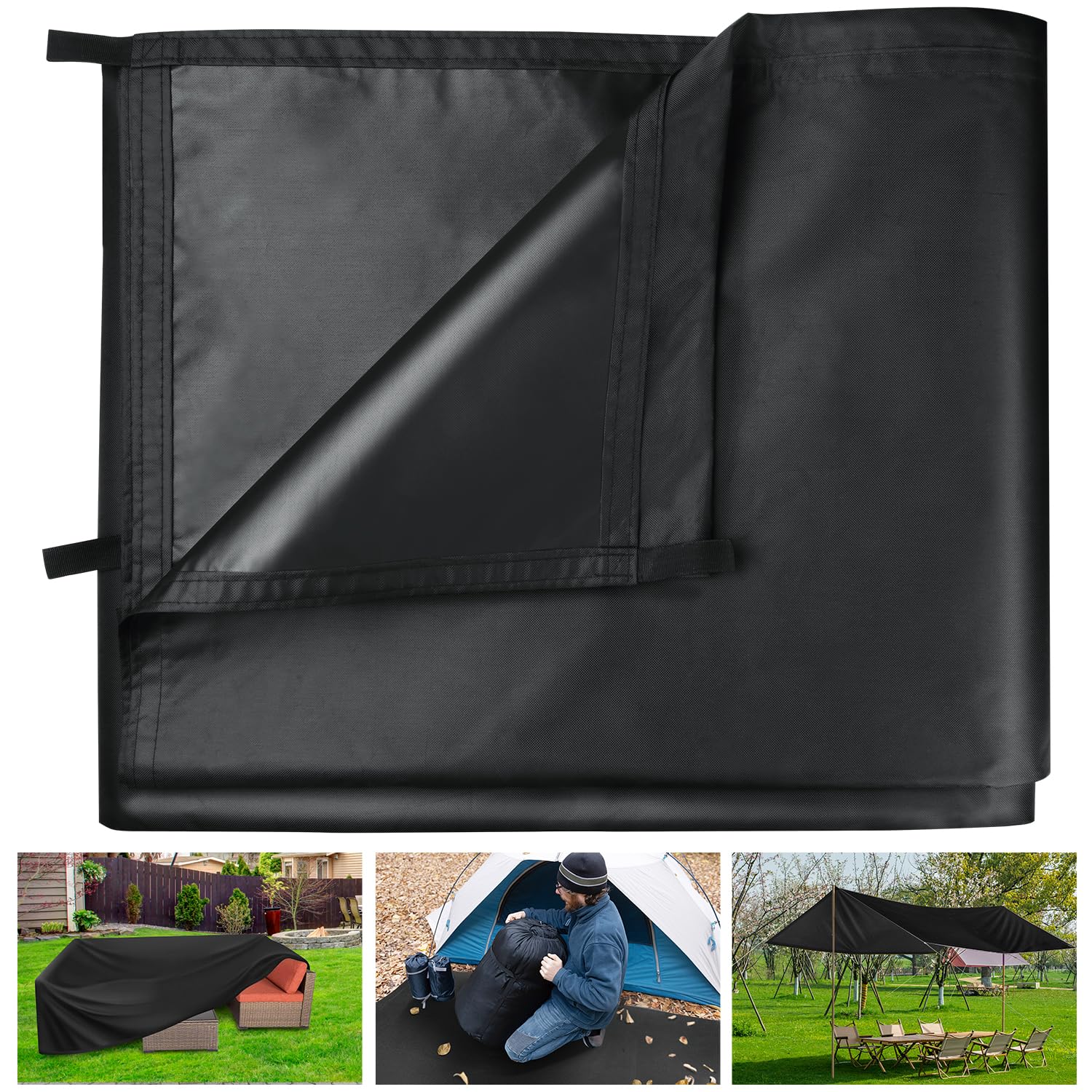 Honsaifau Waterproof Tarpaulin Outdoor Cover: Black 3m x 6m 420D Oxford Fabric Tarp Sheet with Reinforced Loops