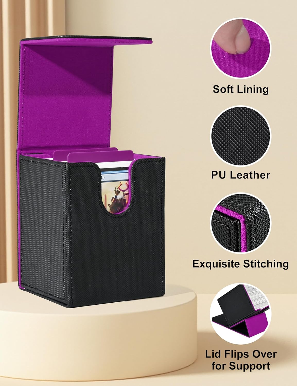 Card Deck Box for Trading Cards, MTG Deck Case Holds 100+ Single Sleeved Cards, PU Leather Magnetic Card Storage Box Fits for TCG CCG Magic Game Cards（Black&Purple）