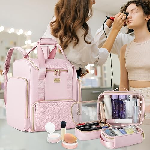 Miniatura 7 de Mochila grande de maquillaje con 3 bolsas de maquillaje transparentes, doble capa de maquillaje profesional estuche de viaje con cepillo sección de