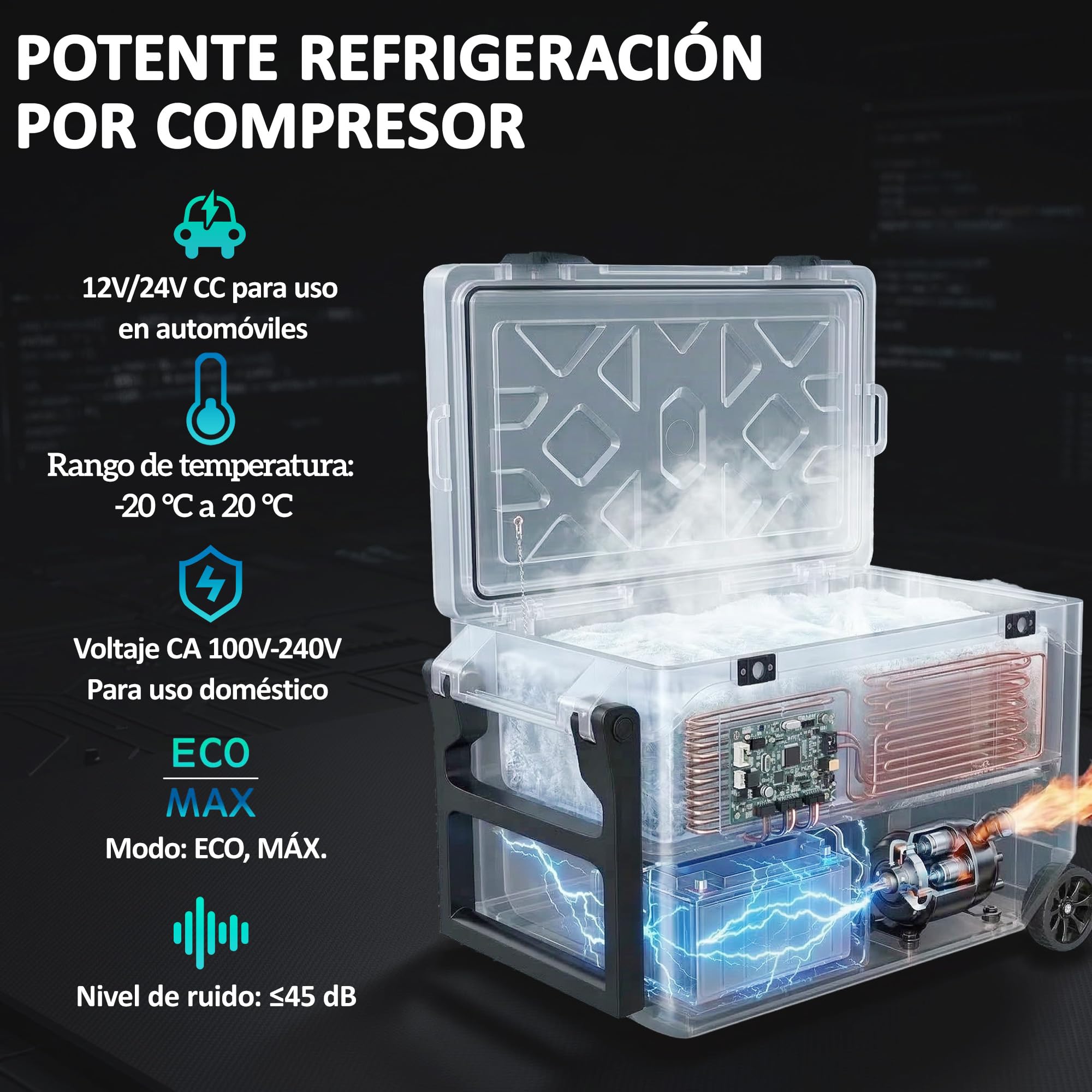 Outsunny Nevera Portátil Eléctrica 42,5L 12/24/240V Refrigerador de Coche con Compresor Control por App Bluetooth Luz LED Pantalla Modos ECO y MAX -20℃ a +20 ℃ Asa Barra Soporte Móvil Ruedas para Casa