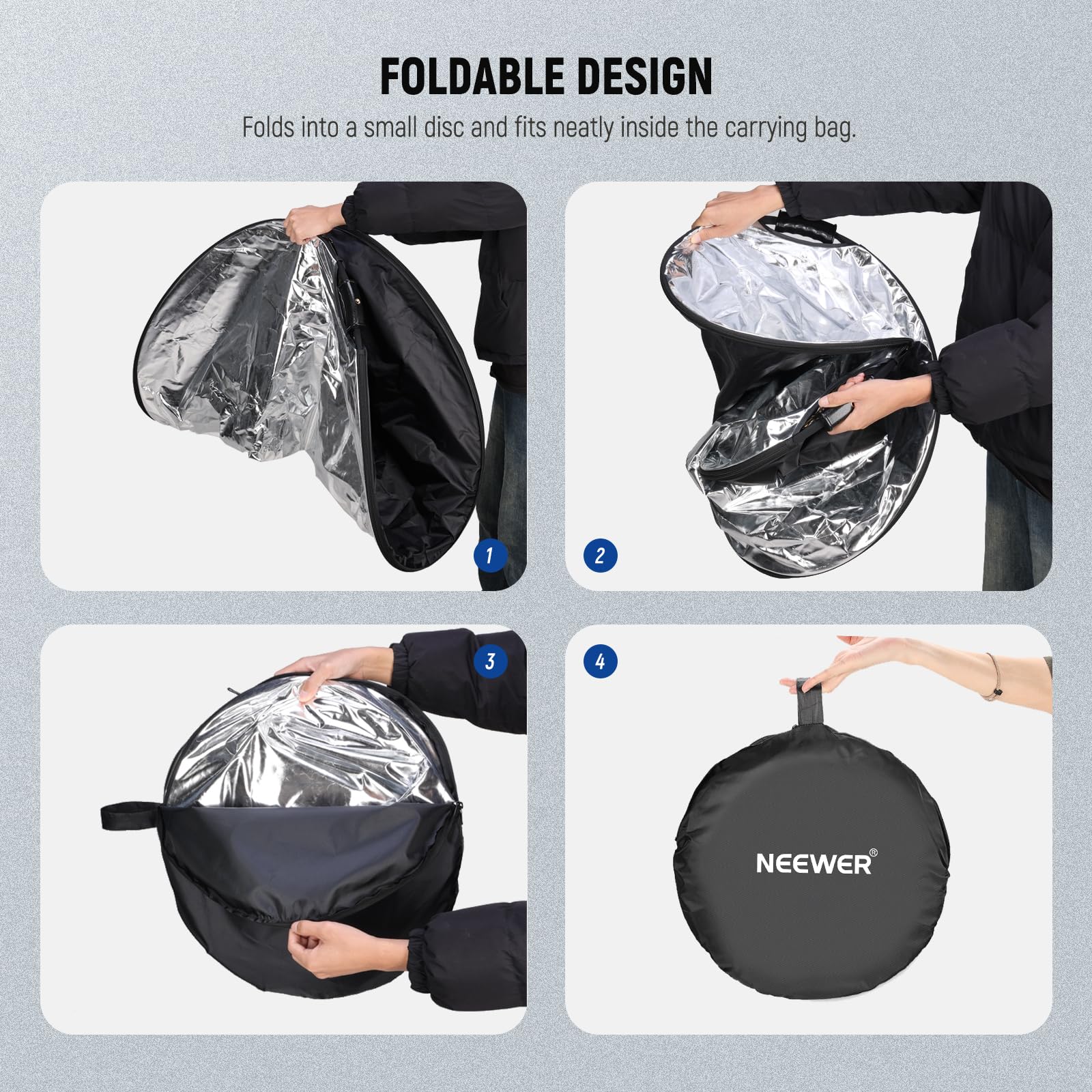 Neewer Reflektor światła 51"/130 cm z uchwytem i gwintem 3/20.3 cm, składany dyfuzor światła 5 w 1, półprzezroczysty/srebrny/złoty/biały/czarny do oświetlenia fotograficznego, oświetlenia