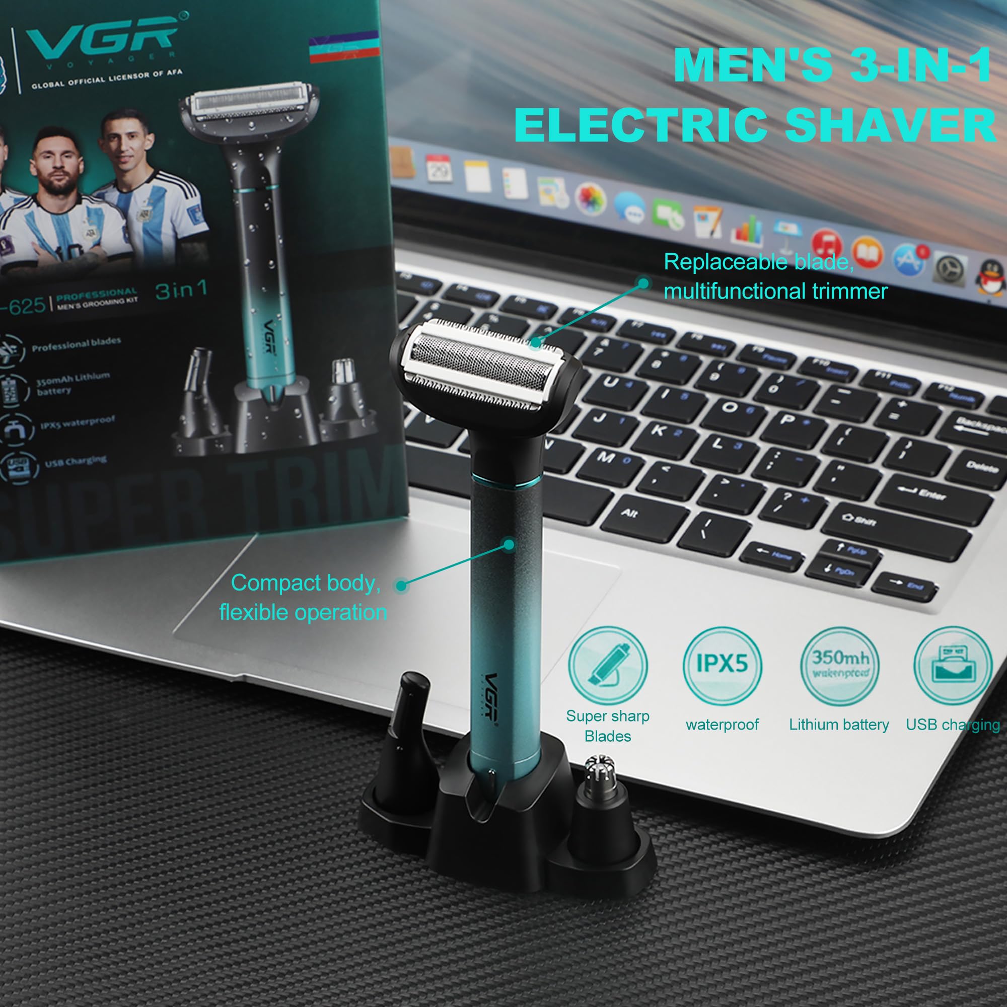 VGR 625 Rasoio Intimo Uomo 3 in 1, Body Groomer Uomo Senza Fili, Rifinitore Peli del Naso e del Corpo con Base, Adatto per Petto, Gambe, Ascelle, Naso e Viso, IPX5, Verde