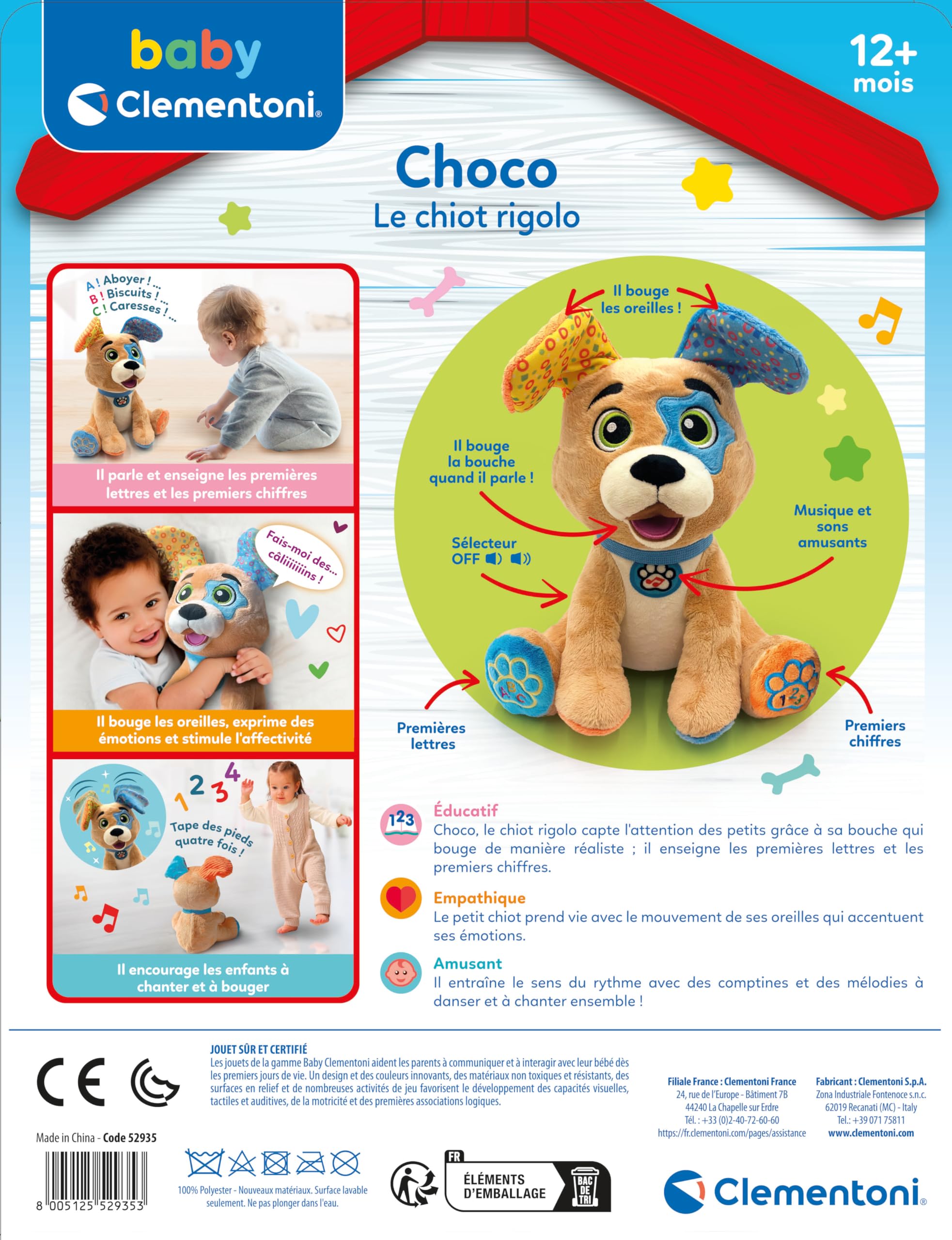 Clementoni | Choco, Le Chiot Rigolo – Jouet Interactif pour Bébés 10 Mois+ | Apprentissage Lettres et Chiffres | Chansons, Mélodies et Sons Parlants | Peluche Éducative | Idée Cadeau