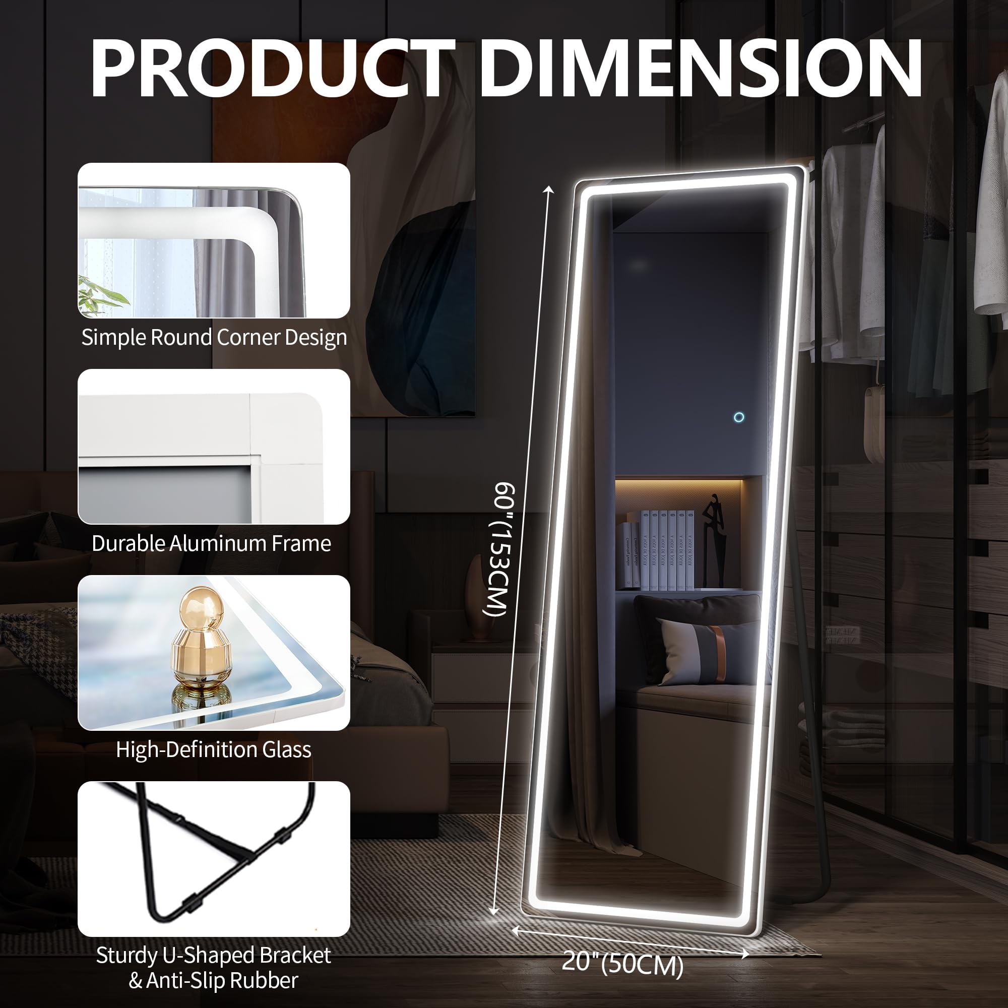 LVSOMT Espejo de pie Cuerpo Entero con luz, 153x50cm Espejo de pie Grande, LED Espejos de Cuerpo Entero Pared Rectangular, Espejo Cuerpo Entero Pared LED, Espejo Pared Vestidor, Dormitorio, Blanco