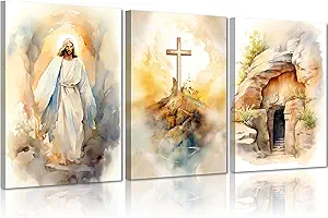 3 lienzos de Jesús para pared, decoración de pared con historias bíblicas, imágenes de la Resurrección de Dios, Ascensión, Tumba Vacía, Cruz, pósteres impresos para dormitorio, sala de oración, iglesia, Pascua, decoración del hogar, 30,5 x 40,6 cms.