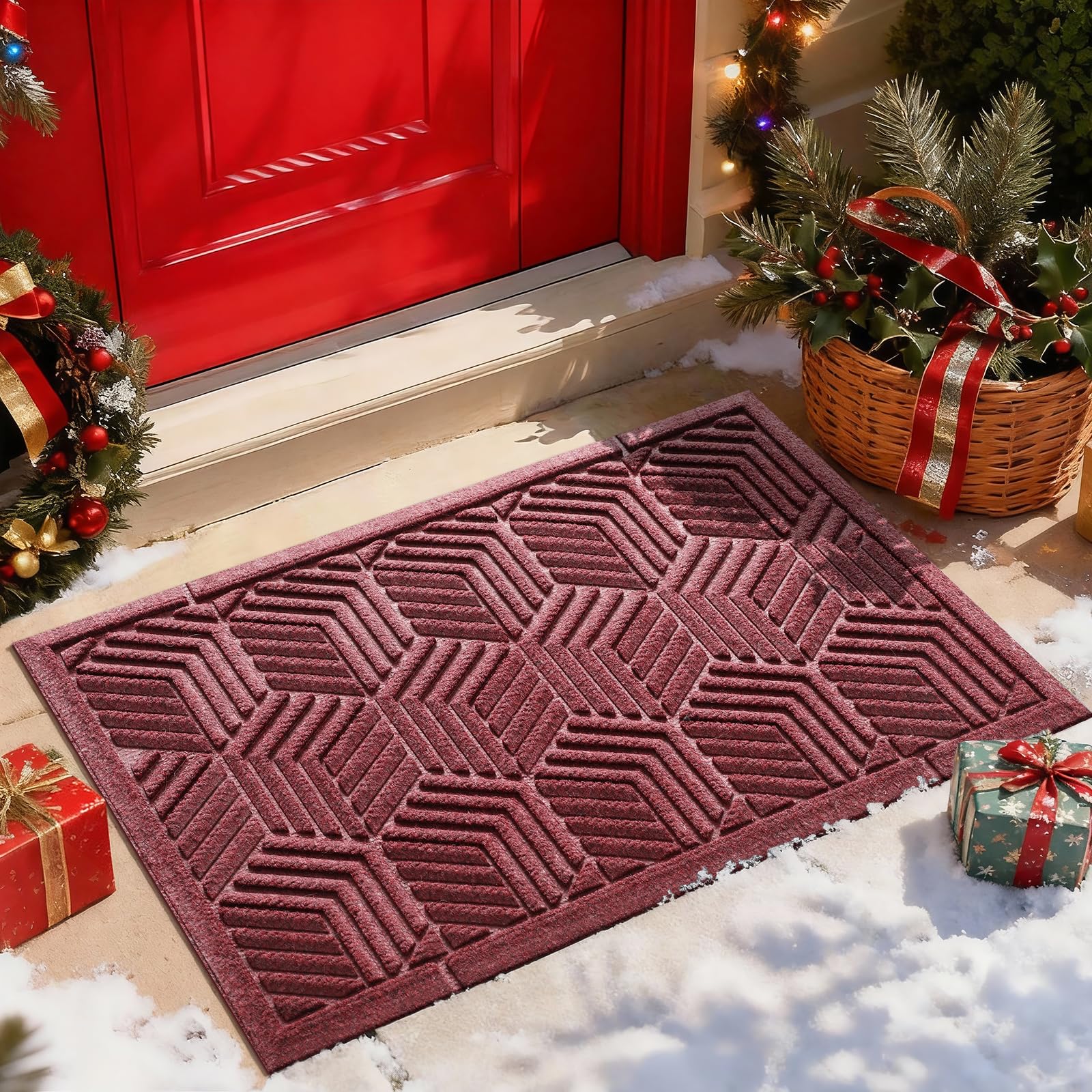 Yimobra Front Door Mat, All-Season Waterproof Outdoor Mat for Entrance with Drainage Holes, Heavy Duty Non-Slip Doormat for Garage Patio Entryway Indoor, 29.5x17, Red