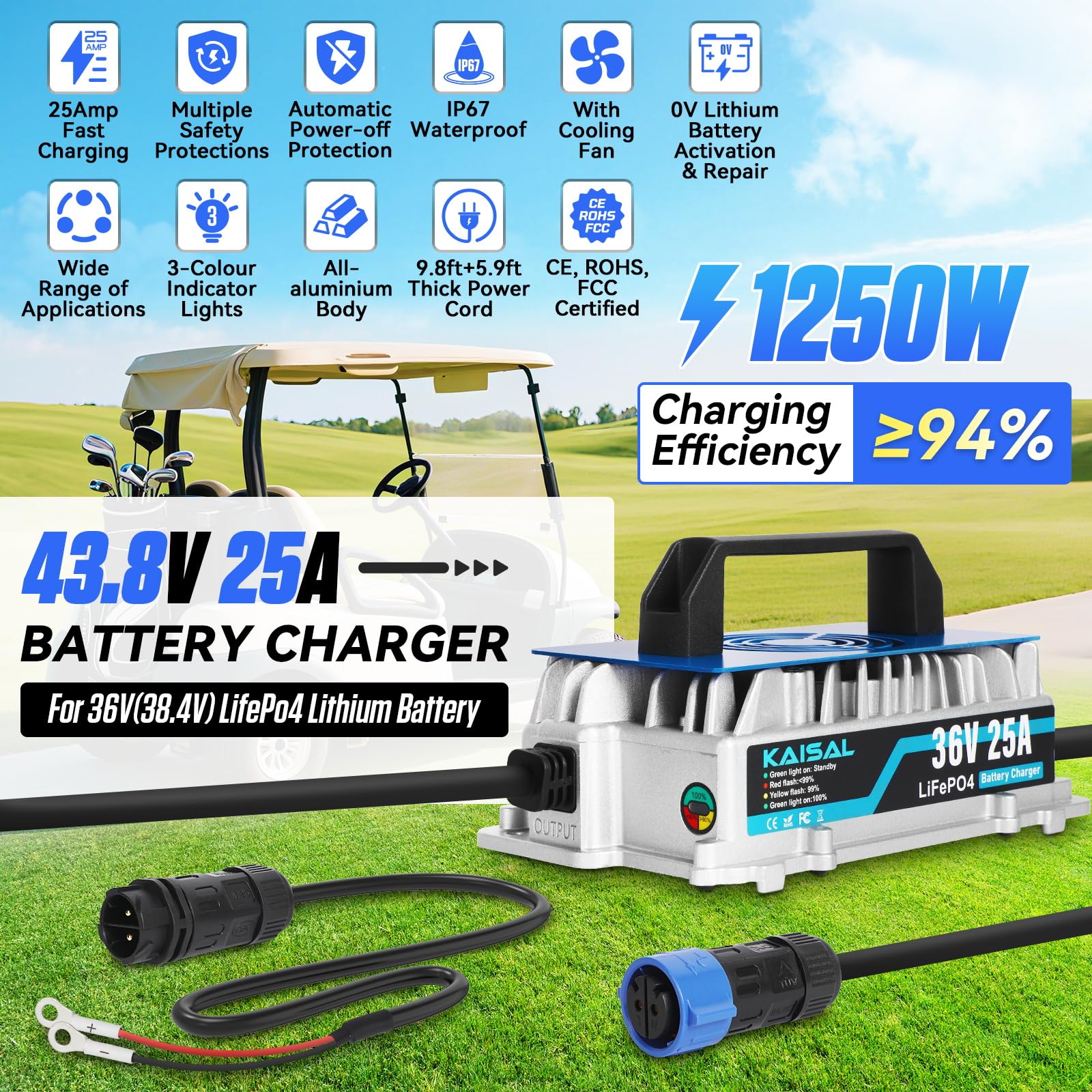 KAISAL Ładowarka LiFePO4 43,8 V 25 A, 36 V/38,4 V LiFePO4, inteligentna ładowarka do akumulatorów 36 V, wodoszczelność IP67, aktywowana bateria litowa 0 V, do wózków golfowych, łodzi, łodzi i