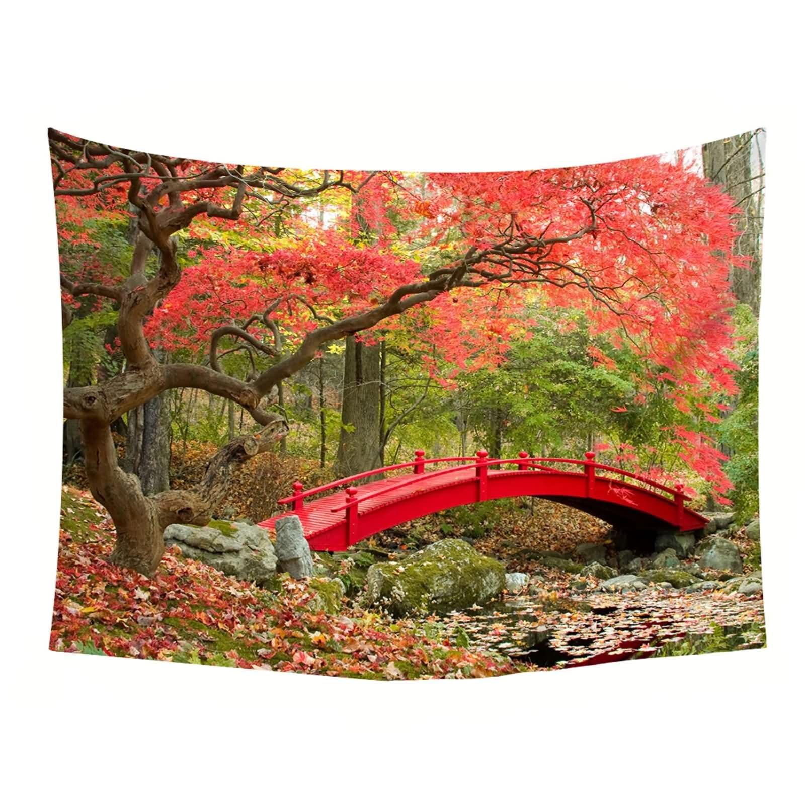 Homxi Tapestry Room Decor 200 x 200 cm, krajobraz z motywem lasu i mostu, dekoracja ścienna, poliester, czerwony, zielony, brązowy
