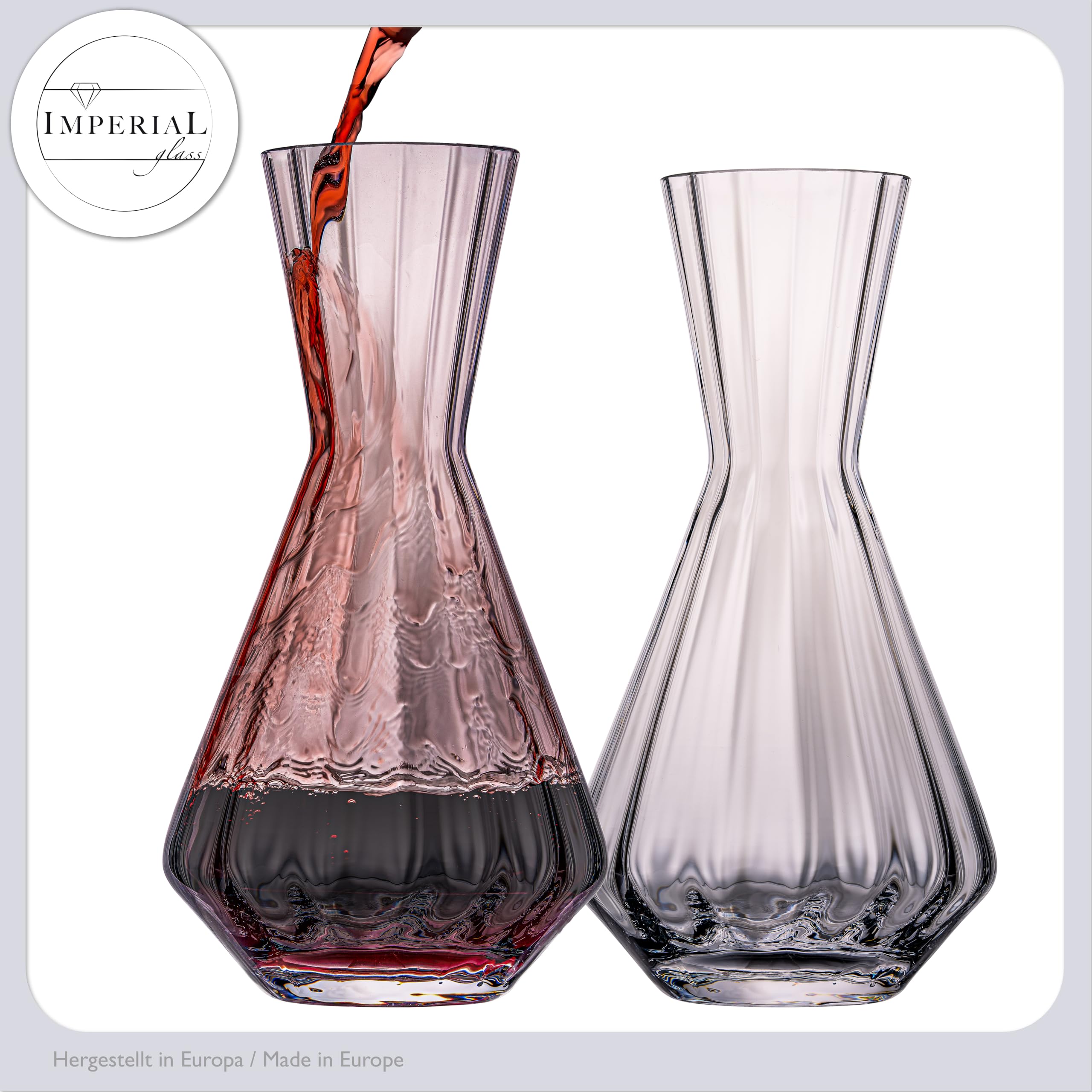 Lot de 2 carafes à vin 1200ml – Carafe en verre cristallin artisanale avec aspect ondulé – Carafe à vin rouge série "Cali/London"