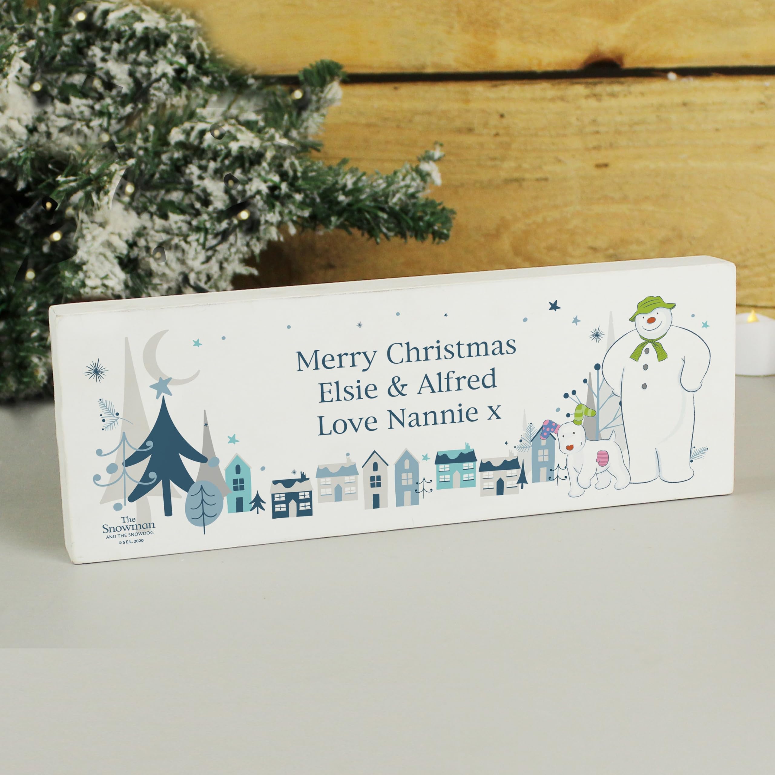 Personalised Memento Custom Personalised The Snowman And The Snowdog Wooden Mantel Decoration – Festive Christmas Ornament