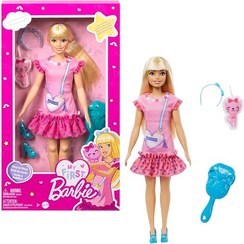Barbie Moja Pierwsza Barbie „Malibu” Elastyczna lalka (blondynka), kotek, zabawka na prezent dla przedszkolaków, HLL19