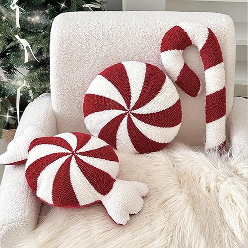 Miniatura 6 de Almohada de Navidad con dulces de Navidad, decoraciones navideñas rojas y blancas, lindas almohadas de felpa esponjosa, decoración del hogar de