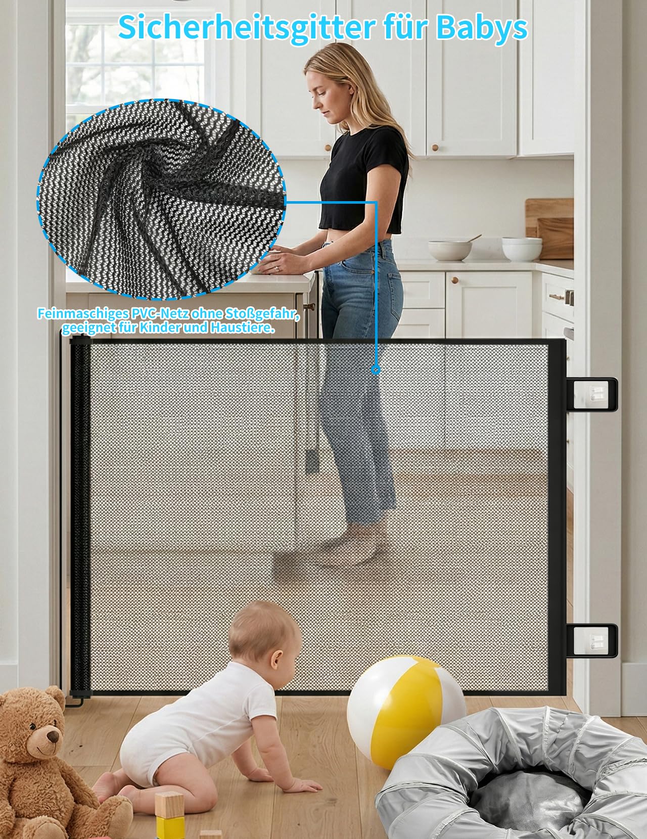 Treppenschutzgitter Ausziehbar für Babys, 0-150cm Treppenschutzgitter Türschutzgitter Ausziehbar Geeignet für Innen Außenbereich, Sicherheitsgitter (Schwarz-150CM), Inklusive Installationszubehör