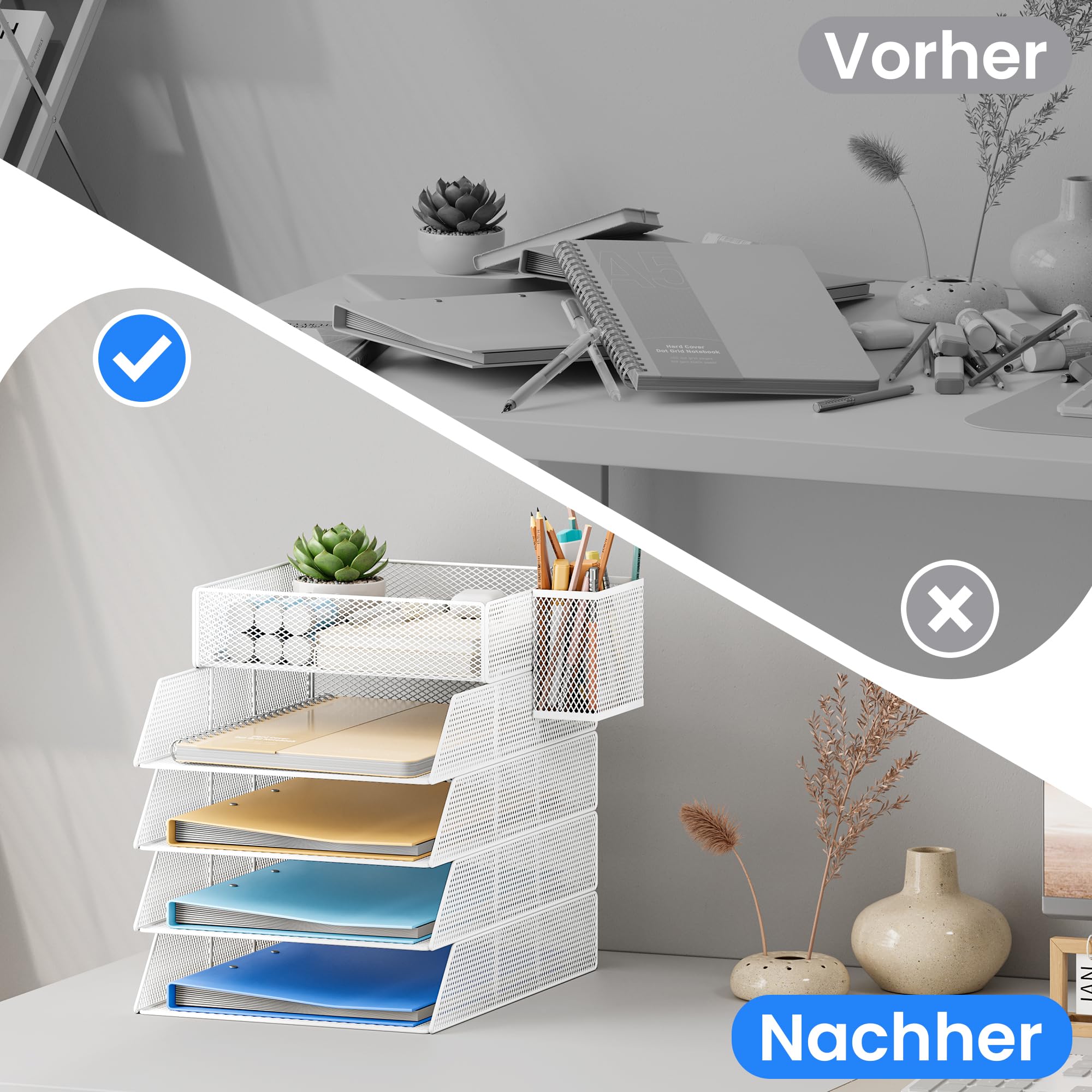 VITVITI Stapelbare Briefablage, Schreibtisch Organizer mit 5 Aktenhalter und 1 Stiftehalter, für A4 Dokument, Büro Organizer aus Metall, Schreibtischablage für Büroablage, Postkörbe (White)