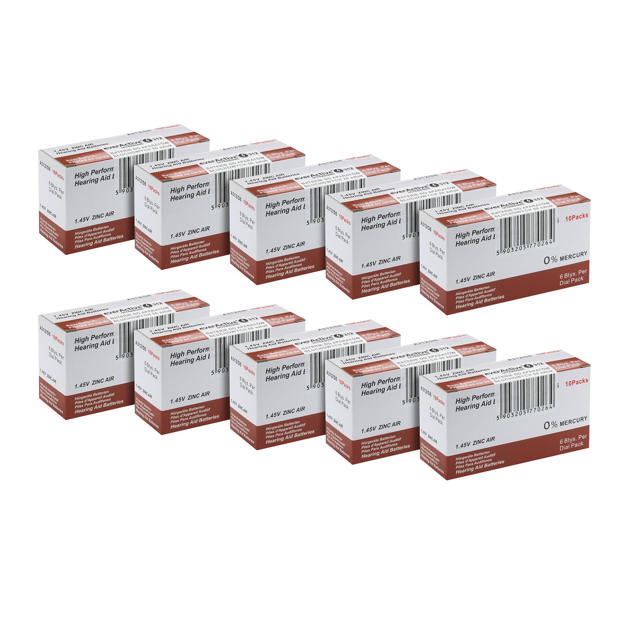 everActive 312, 600 batterie per apparecchi acustici, ad alta potenza, batterie zinco-aria, 100 blister, durata di 4 anni, marrone, Ultrasonic PR41