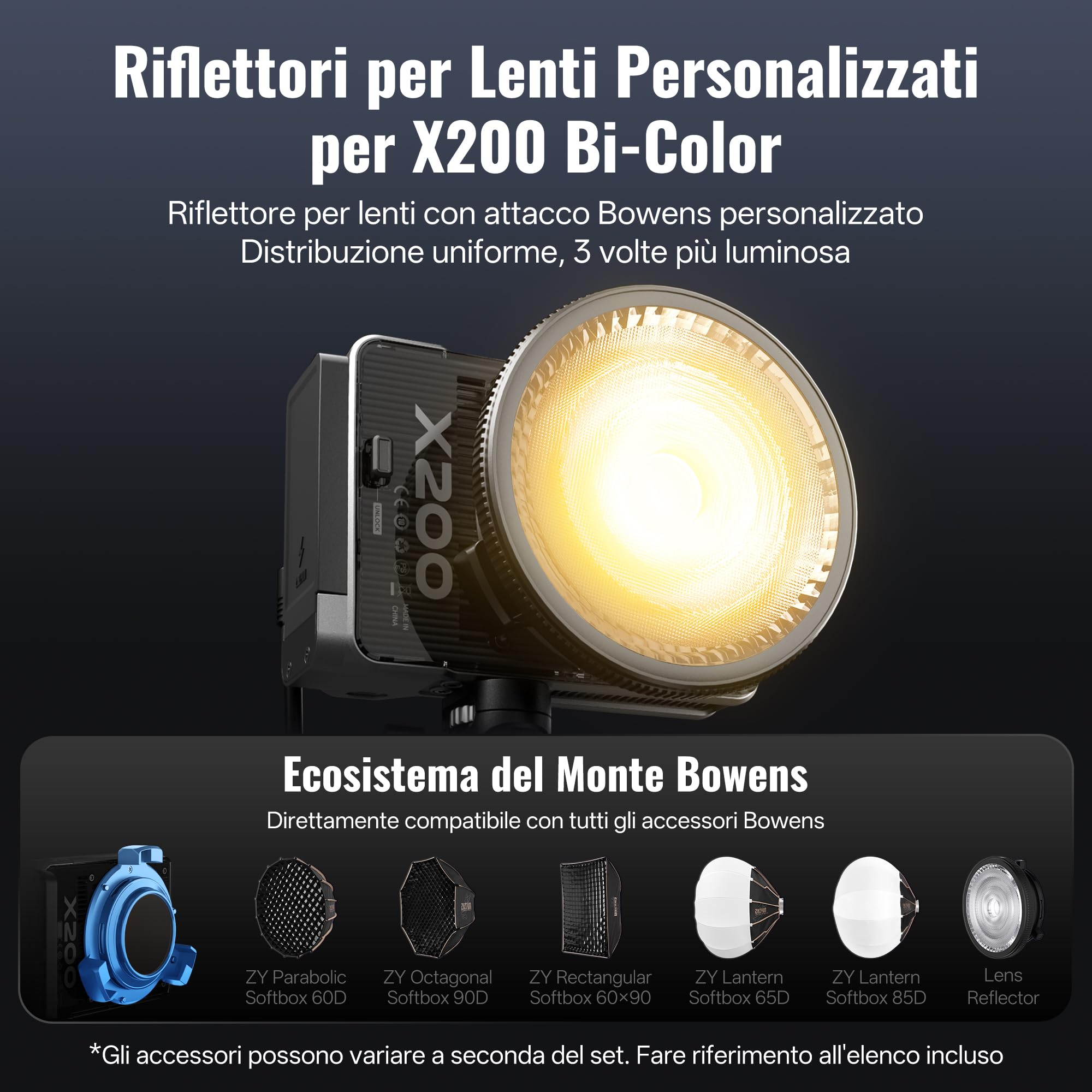 ZHIYUN MOLUS X200 Bi-Color Standard 200W Luce Video [Ufficiale] Illuminazione Portatile Continua Illuminazione Fotografica Professionale, con APP Control, Bowens Mount, 2700K~6500K/CRI≥95/TLCI≥97,800g