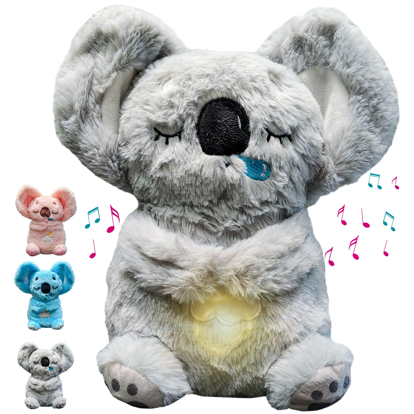 Peluche Koala que respira, juguete de animal acolchado respirante con luces musicales y movimiento rítmico de respiración, regalo para recién nacido, macho y mujer (gris)