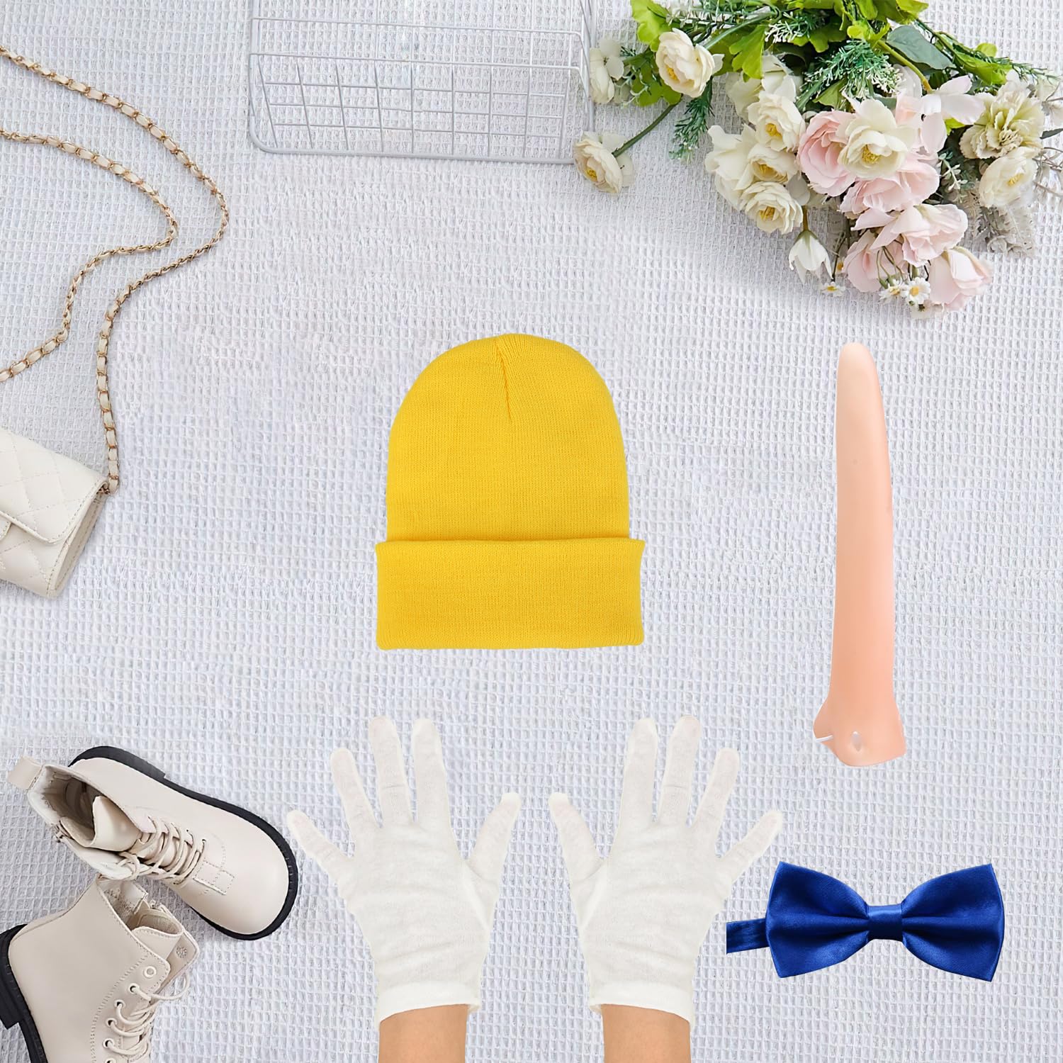 NAUZE 4Pieces Pinocchio Fancy Dress Kit Yellow Hat Blue Bowtie White Gloves and Long Nose Animal Costume Cosplay Accessories for Children's Halloween Celebrations - Image 3
