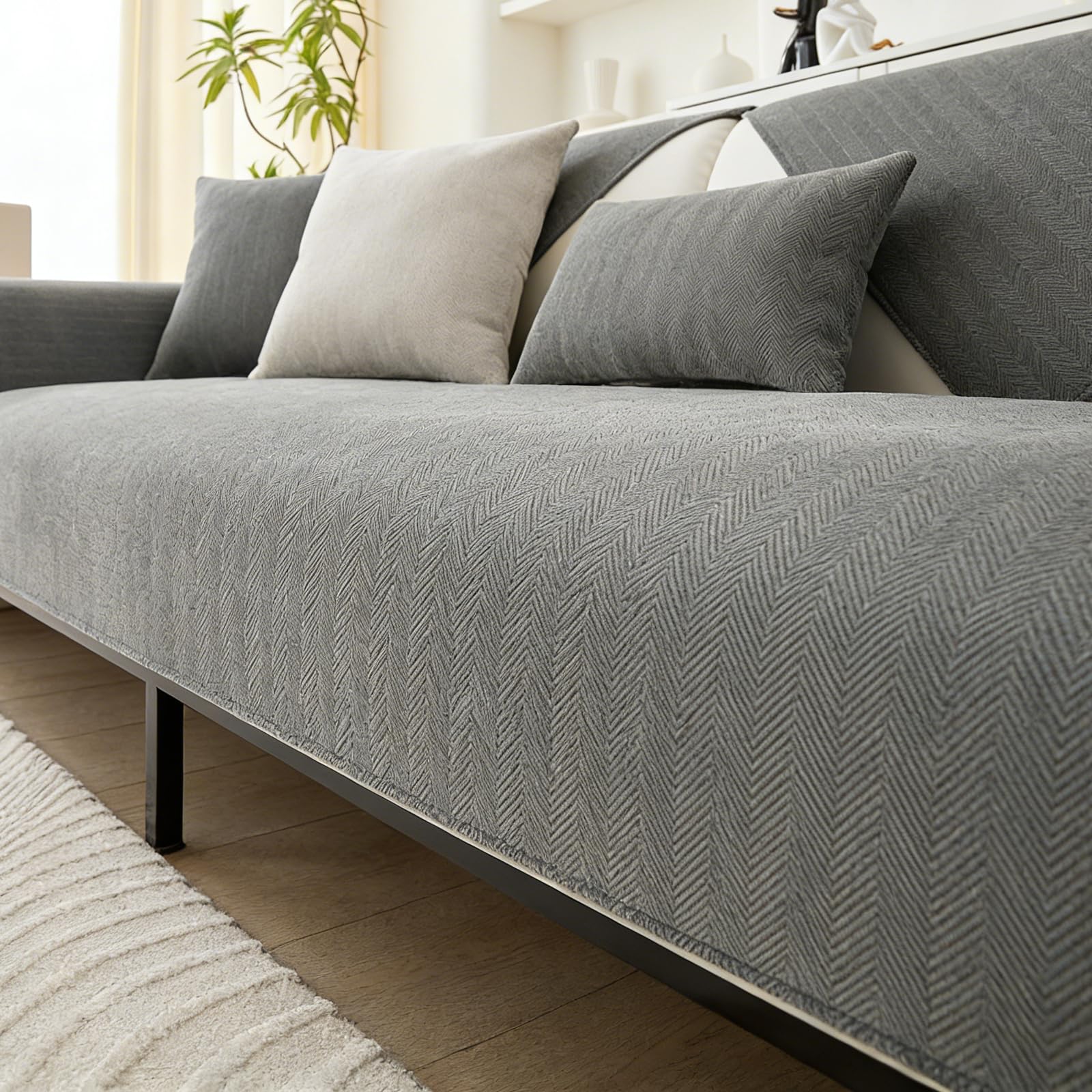 PORFOYO Funda de sofá de chenilla, funda antideslizante para sofá de 2 plazas, impermeable, antideslizante, 90 x 160 cm, gris, cuatro estaciones