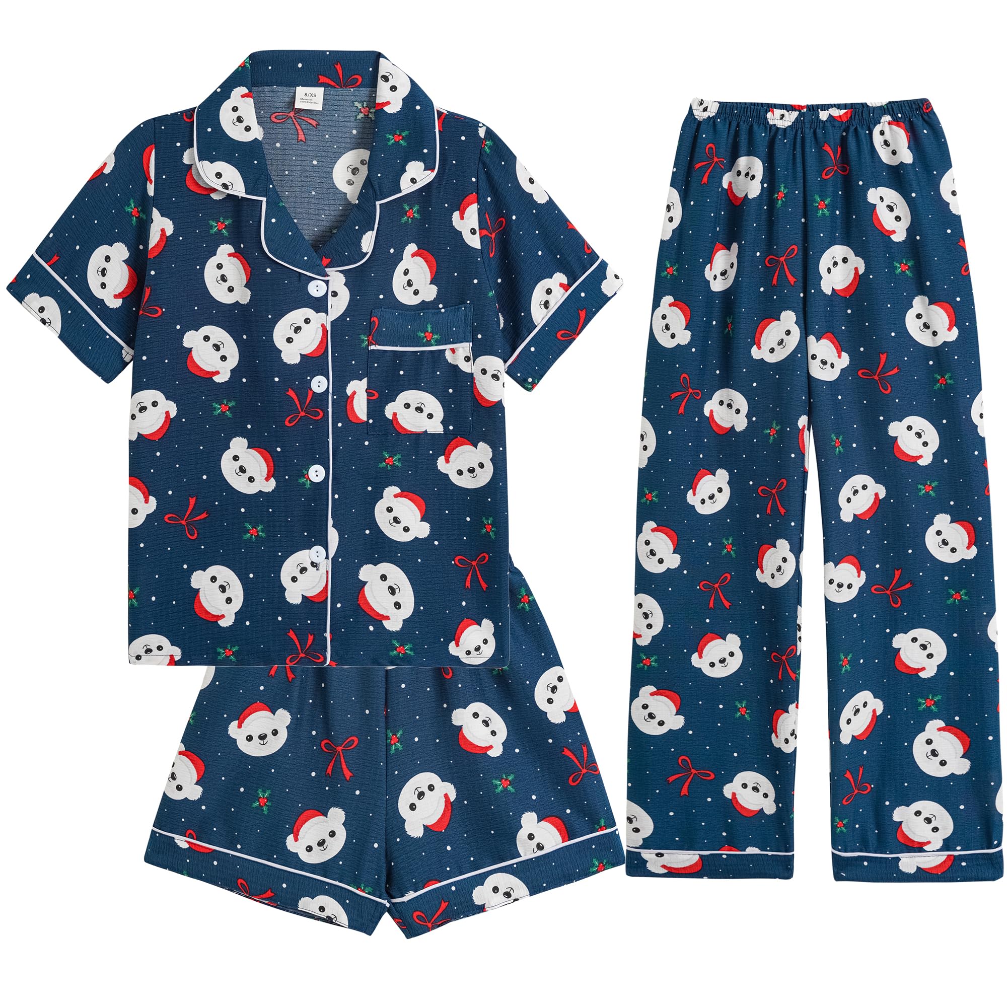 Hupohoi Big Girls Button Down Pajama Set 3pcs Crepe Fabric Sleepwear Nighty