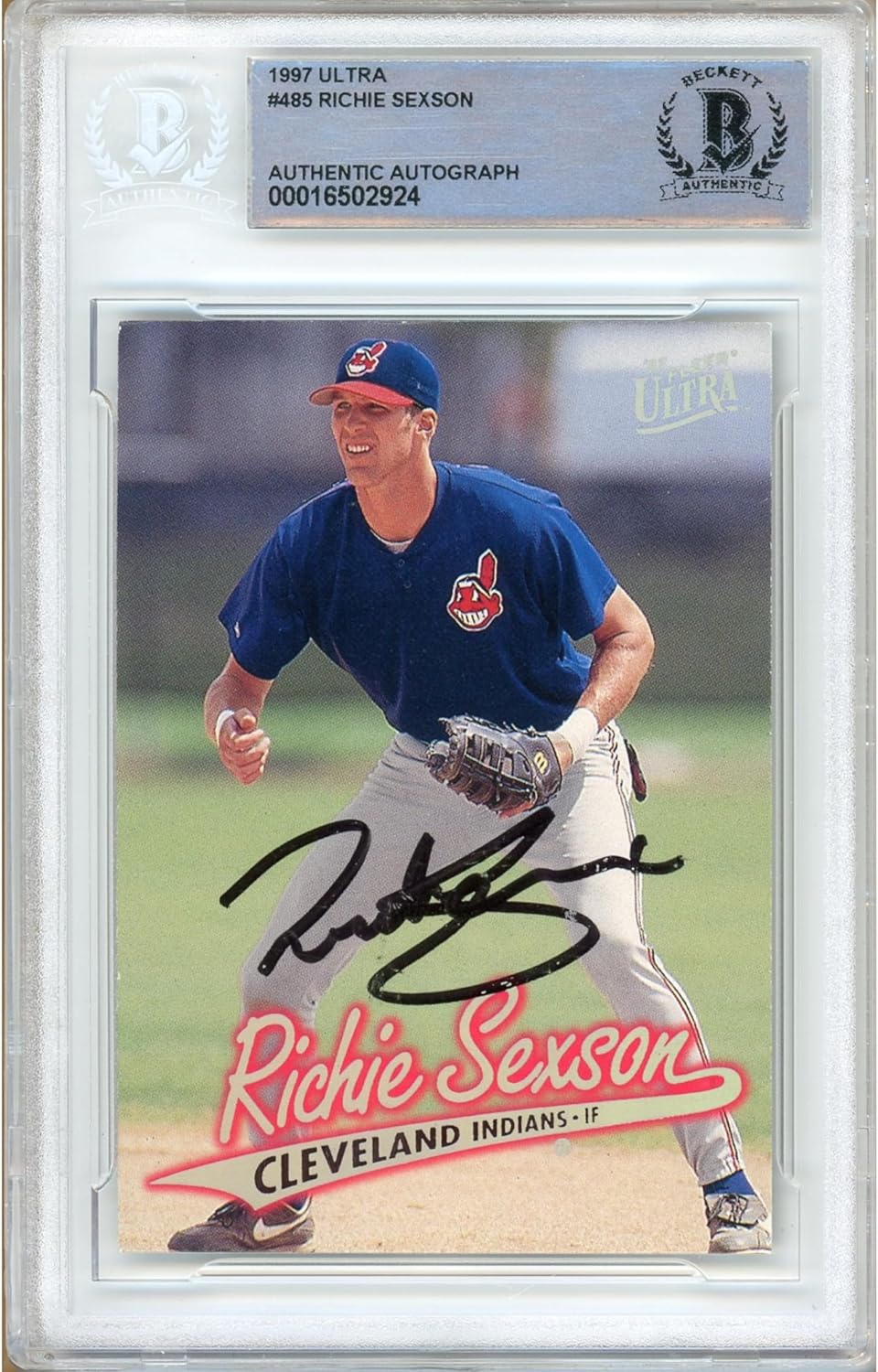 Richie Sexson Signed 1997 Fleer Ultra #485 Baseball Trading Card Slab Beckett BAS Authentic Slabbed COA Played For Cleveland Indians Guardians Autograph Memorabilia