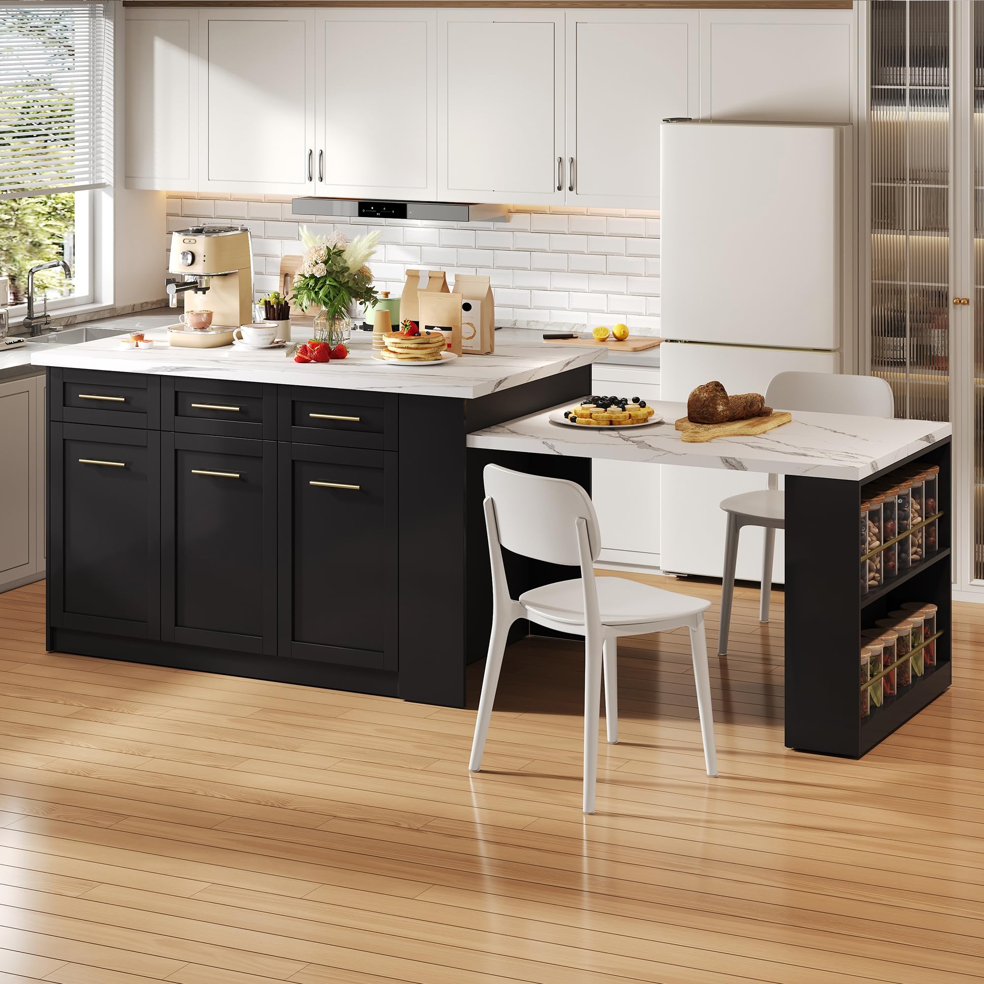 Isla de cocina multifuncional con mesa de comedor blanca extensible (150 cm + 96 cm), isla de cocina central con muebles de almacenamiento integrados, encimera de madera efecto mármol (negro)