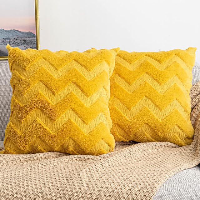 Yamonic Cushion Cover, Set of 2 Short Wool Throw Pillow Case With W Plush,Decorative Fluffy Soft Velvet Cushion Cover, Elegant Home Decoration for Sofa Bedroom Couch,Ochre Yellow,18"x18"