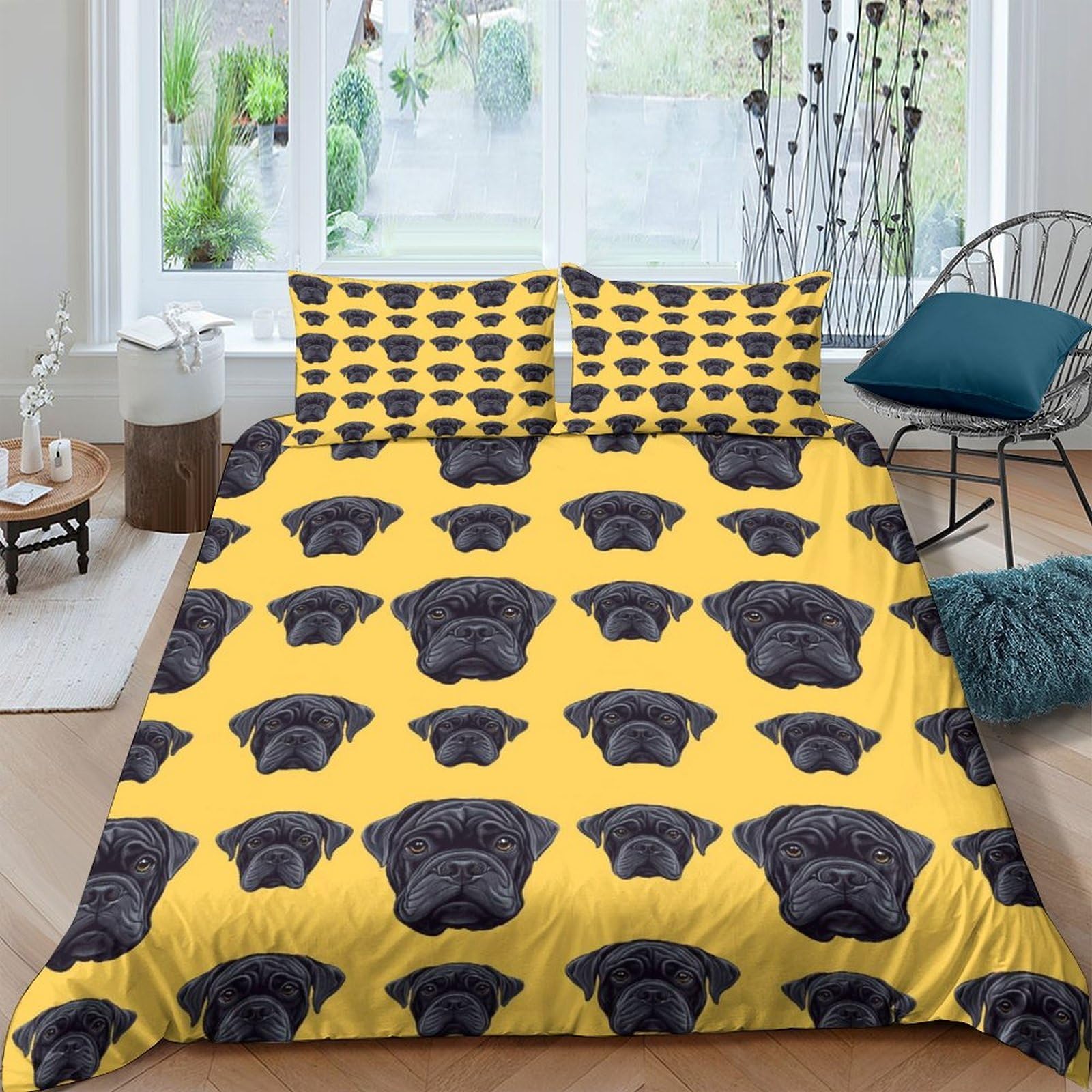 Ctjqhvkz Style-8 3D Printed Black Pug Pattern Fitted Sheet Microfiber Yellow Dog Bed Cover Anti-Slip Easy Care For Bedroom Guest Room Single（135X200cm）