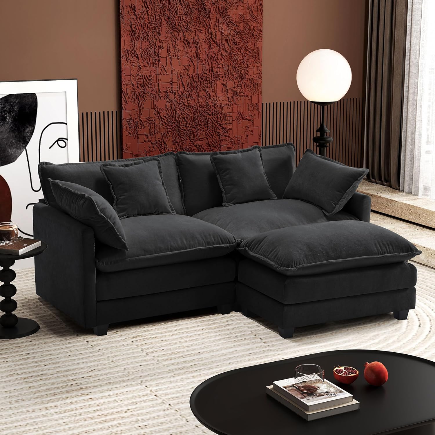 Ihanherry 77" L Shaped Modern Sofa Modular Sectional Cloud Couch with Ottoman, 3-Seat Chenille Deep Seat Sofa with Pillow for Living Room, Bedroom and Apartment, Black