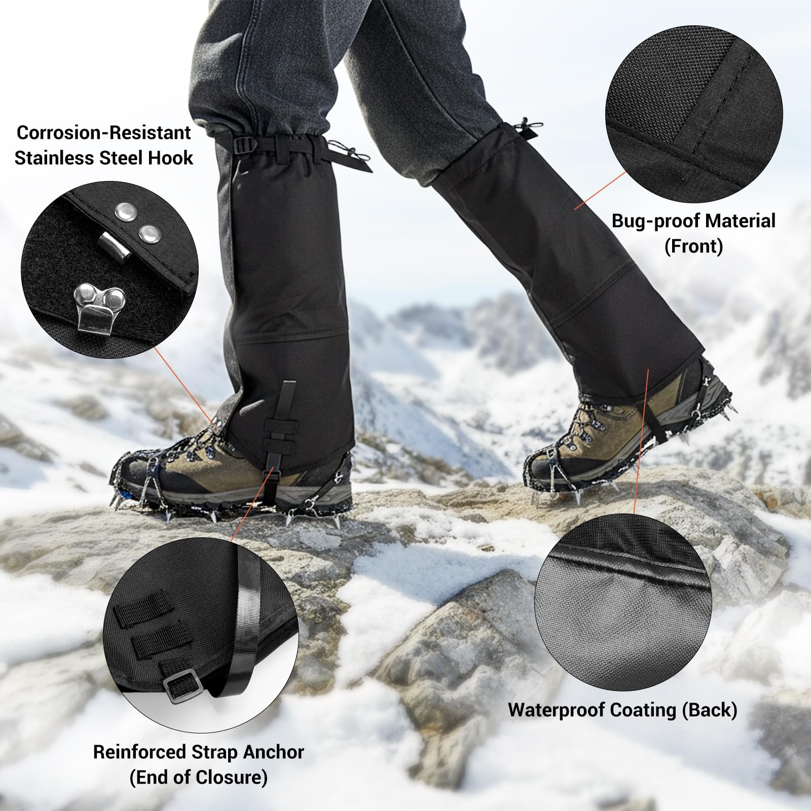 Pro - Polainas de pierna reforzadas de grado militar, 100% impermeables y ajustables, protectores de piernas todo terreno para senderismo, caza, raquetas de nieve y trabajo al aire libre