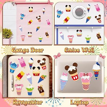 BOpusail 12Pcs Summer Ice Cream Mouse Cruise Door Magnets Cute Style Ice Cream Cruises Entrance Decals Decor Refrigerator Garage Magnet Waterproof Magnetic Sticker for Holiday Carnival Ships Cabin