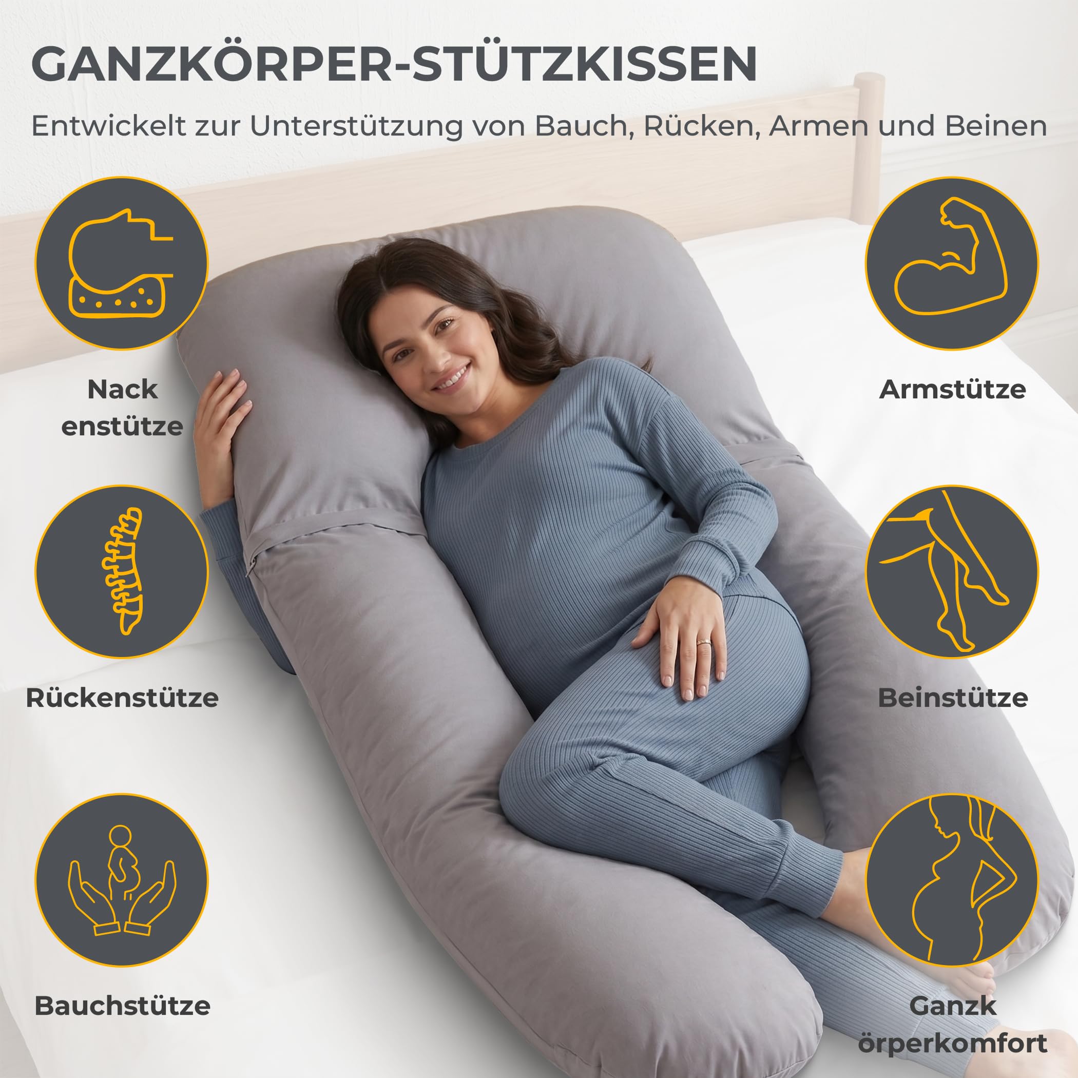SLEEP COMFY Cuscino per gravidanza a forma di U, XXL, 300 cm, cuscino per allattamento e per dormire sul fianco, cuscino per il corpo con rivestimento in 100% cotone, imbottitura in poliestere