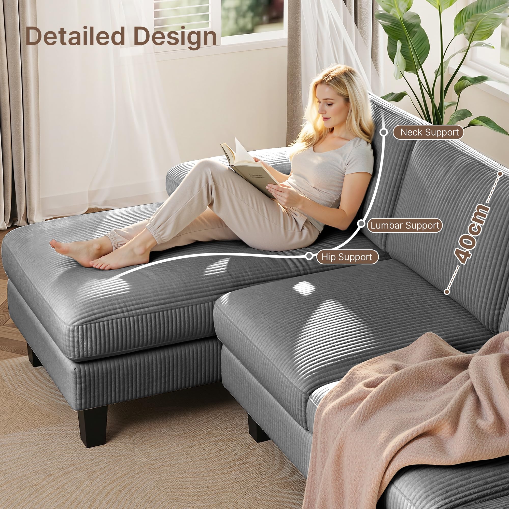 Xbro Sofa 4-osobowa w kształcie U, duża sofa rogowa do salonu, z materiałem sztruksowym, ciemnoszary, wymiary 270 x 122 x 86 cm
