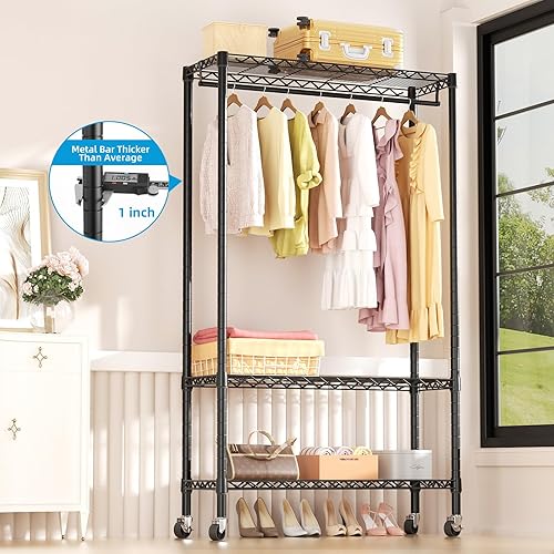 Miniatura 2 de Golpart Perchero portátil para ropa con ruedas para colgar ropa, estante independiente de 3 niveles con estantes y ruedas, armario de metal